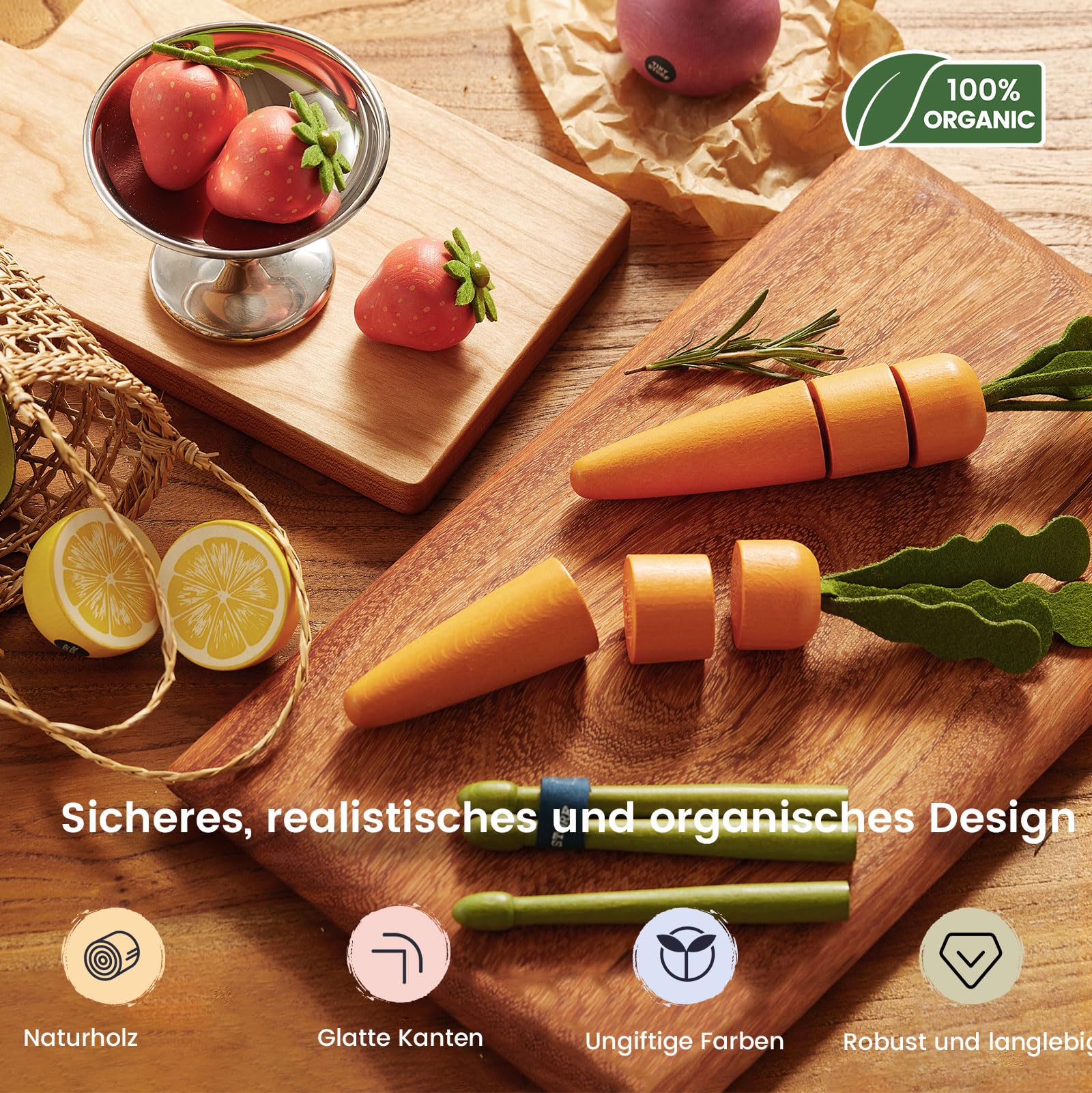 Tiny Land Obst & Gemüse Set aus Holz – 7-teiliges Spielküche Zubehör