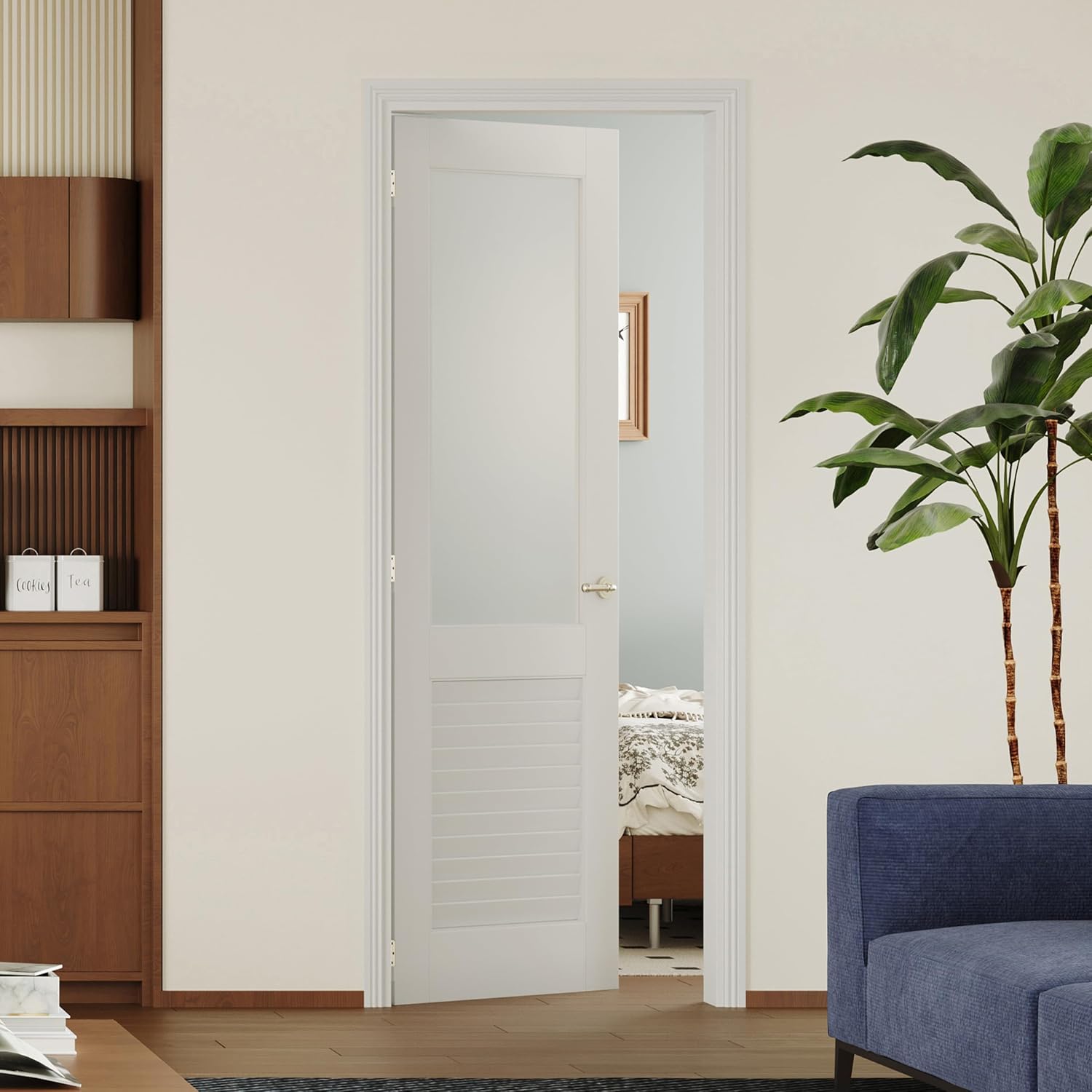 French Door, 30" x 80", Half-Lite Frosted Glass, Prehung Interior Door, Left-Handed, White MDF with Door Jamb & Hardware Kit