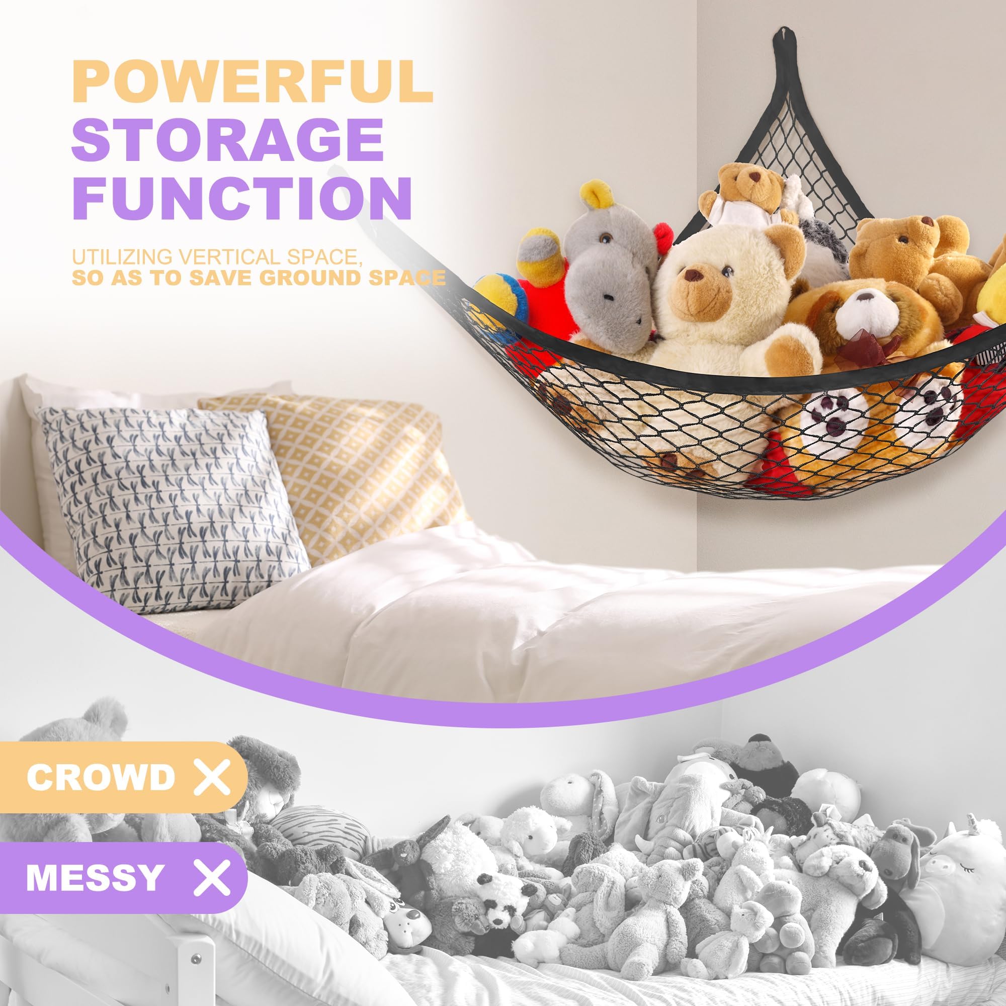 Lazebox Hamaca de red de animales de peluche para juguetes de peluche, hamaca de animales de peluche para decoración de habitación de niños, ideas para organizar la colección de rellenos, fácil de