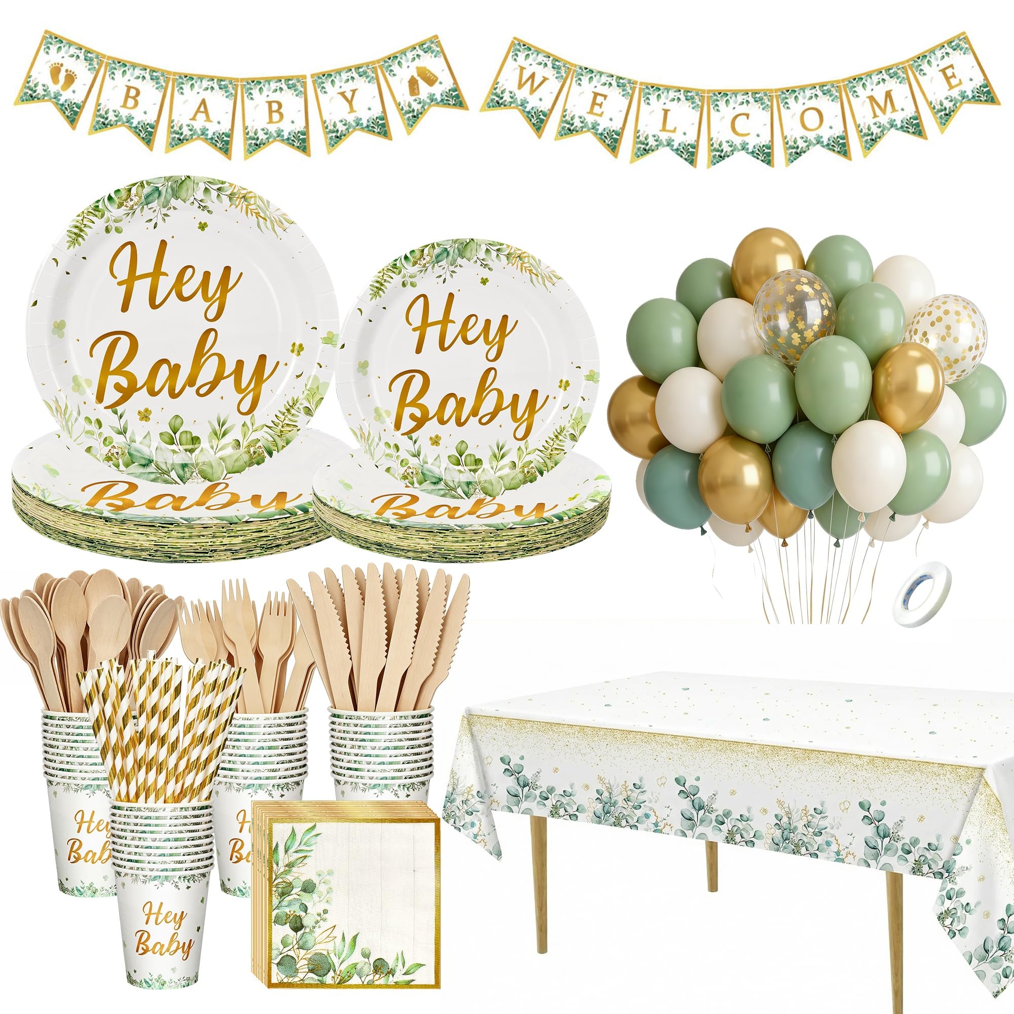 272 Pcs Sage Green Neutral Baby Shower Decorations Plates Set for 30 Guests, Paper Plates ,Cups ,Napkins ,Straws, Tablecloth, Balloons, Tableware for Baby Shower Party Table Decorations