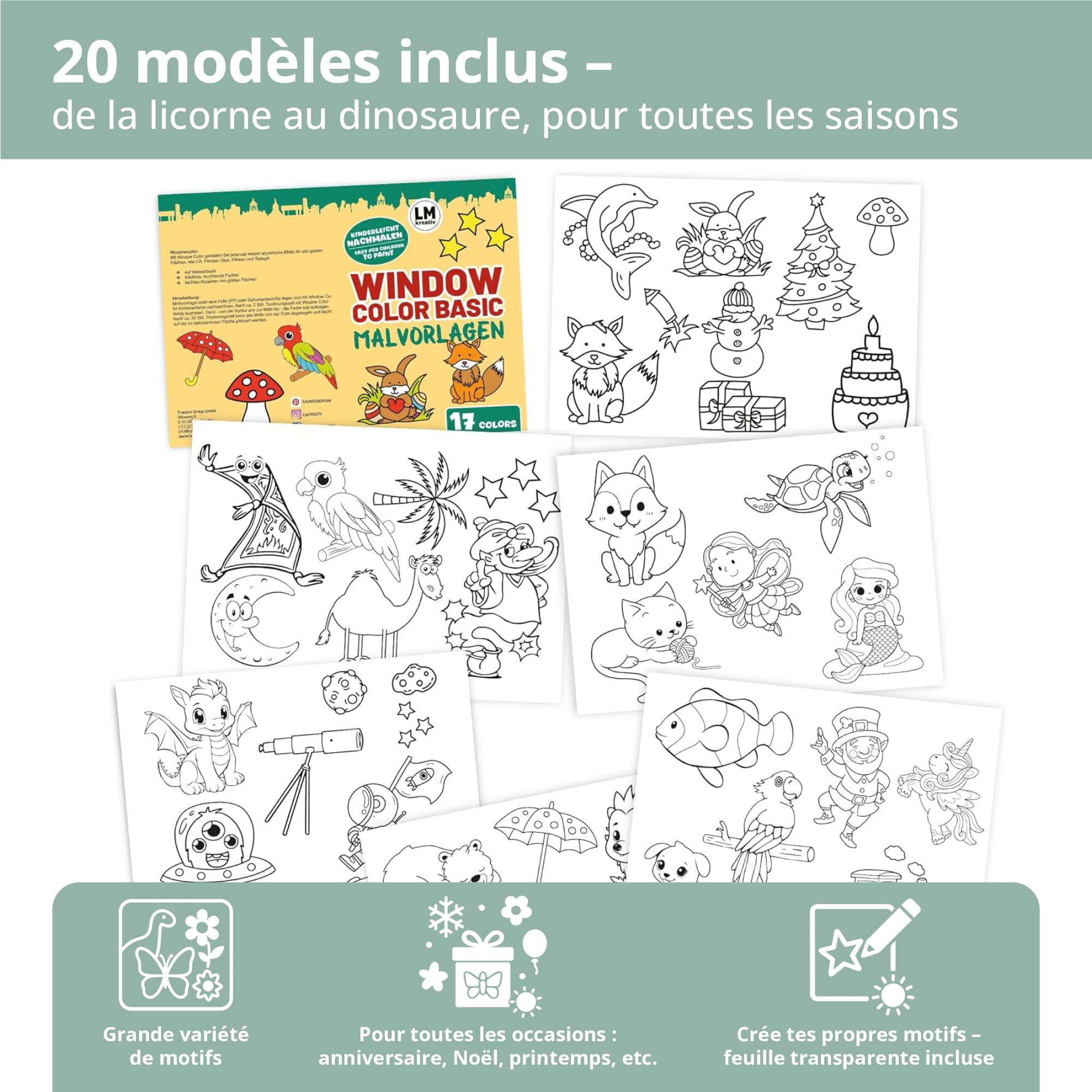 Set Window Color LM (17×80 ml) – peinture enfant repositionnable pour fenêtre avec contours & modèles – peinture déco fenêtre sans résidu pour vitre, miroir, carrelage