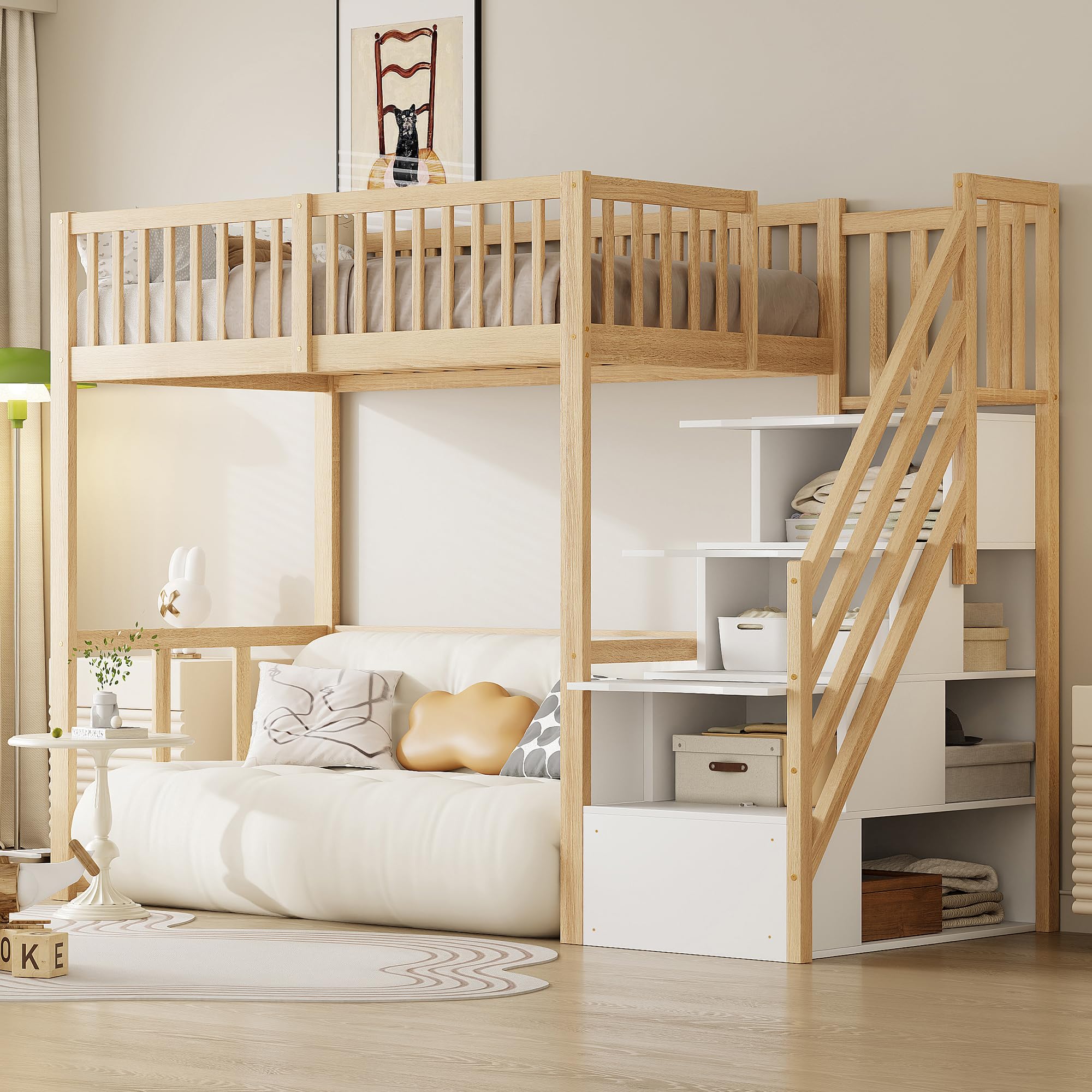 Letto a soppalco per bambini, 90 x 200 cm, con scala di sicurezza e vano portaoggetti, letto per ragazzi in legno di pino massiccio con rete a doghe, letto singolo per la cameretta dei bambini, letto