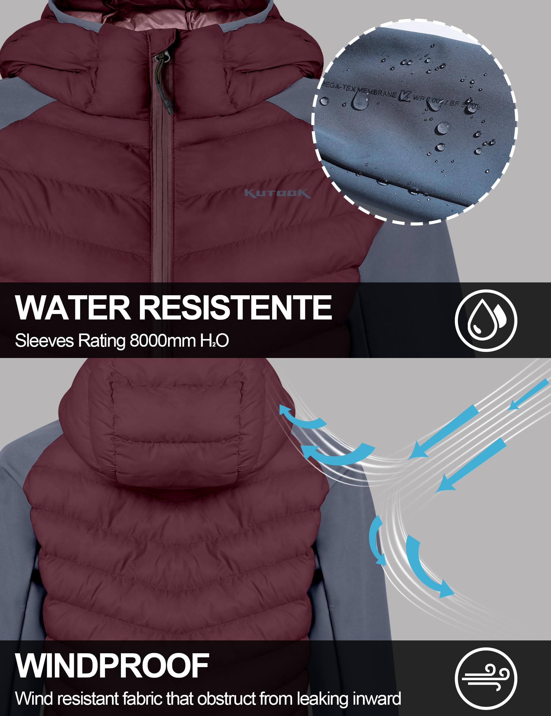 KUTOOK Chaqueta con capucha de plumón para hombre Apto para 5 ℃-15 ℃ con capucha Ropa de esquí Ligera Térmica Cortavientos Trekking Senderismo Esquí HJ5201
