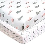 TL Care 2 Pack 100% Natural Cotton Fitted Pack and Play Sheets 39 x 27 - Soft & Breathable Pack N Play Sheets for Playard & Mini Crib Mattress, Pink Whale/Pink Zigzag, for Boys & Girls