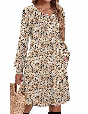 Zeagoo Fall Dresses for Women Long Sleeve Casual Pleated V Neck Dress 2025 A Line Tunic Dress