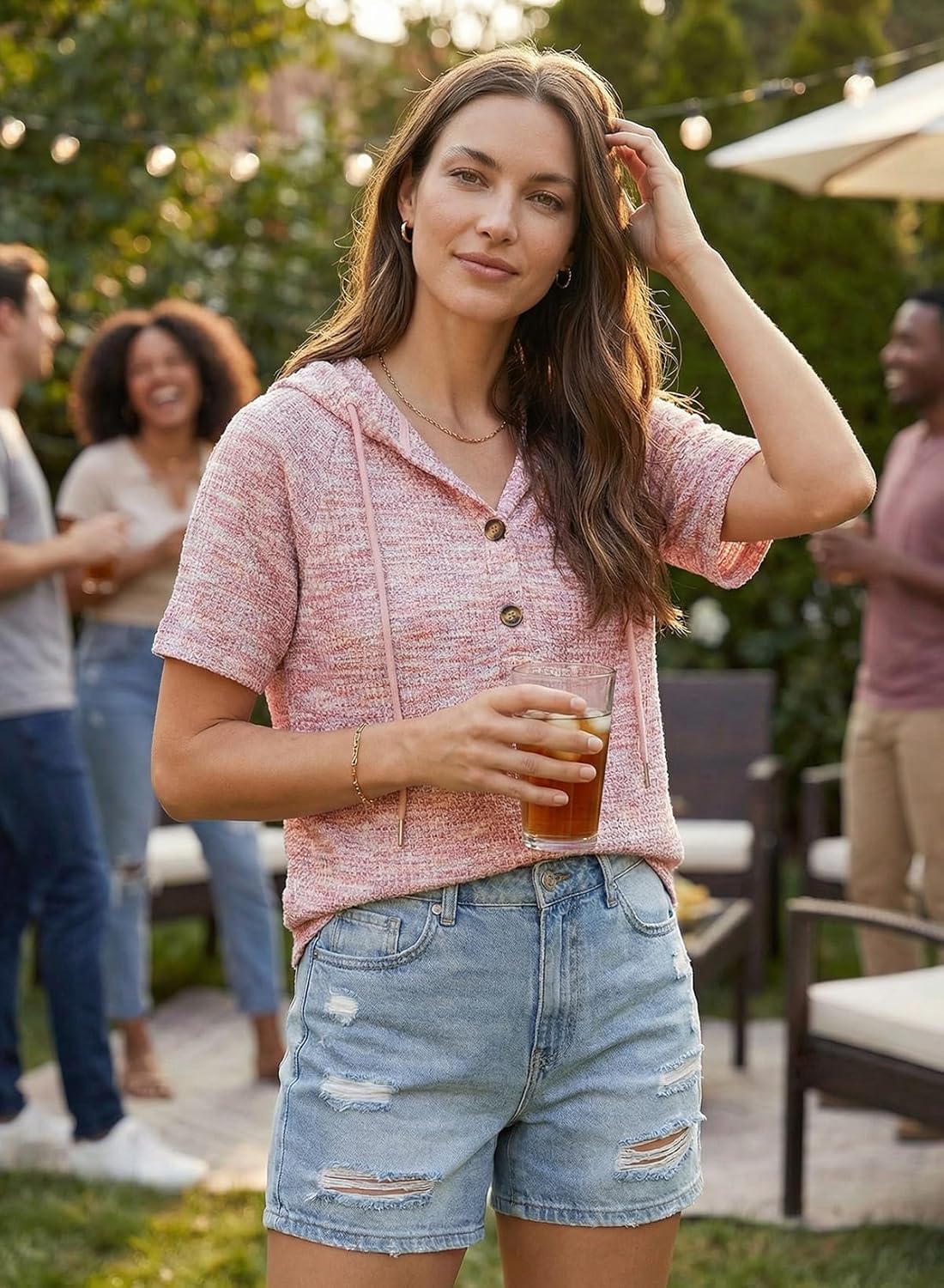 Dokotoo Womens Summer Tops 2026 Short Sleeve Button V Neck Waffle Knit Lightweight Drawstring Hoodies Casual Blouses Shirts - Image 3