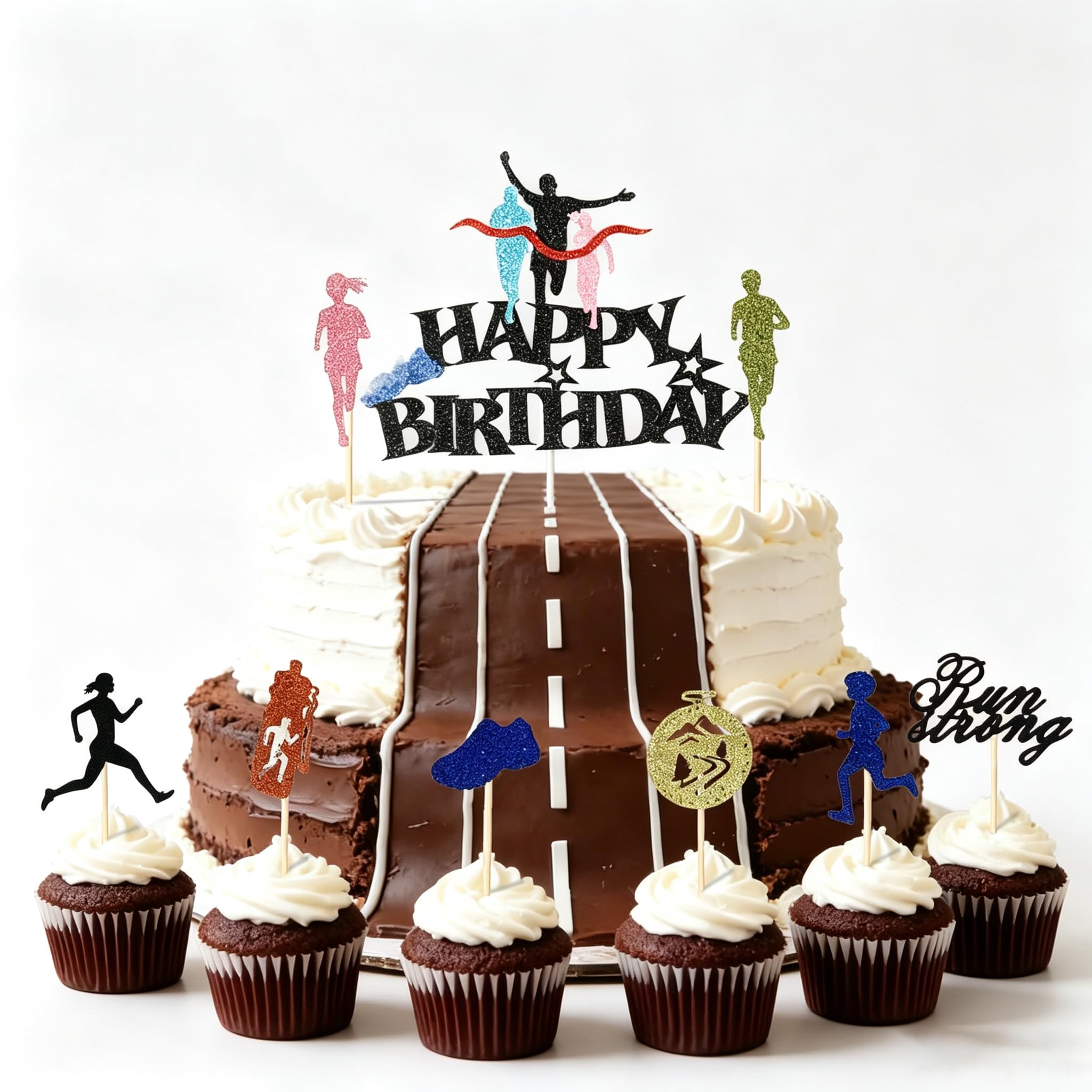 9PCS Runner Birthday Cake Topper Marathon Happy Birthday Cake Topper Black Glitter Athletics Theme Decoration Cross Country Running Group Family Run Sports Party Supplies