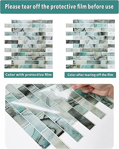 Miniatura 3 de Azulejos decorativos de 10 hojas más gruesas para despegar y pegar en muro de cocina, aspecto de mármol, 12 x 12 pulgadas