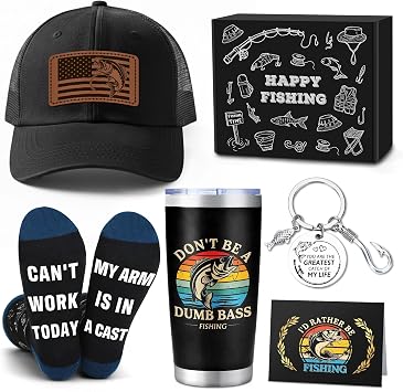Gifts for Fishermen Fishing Lovers Gifts for Men Cool Fisherman Stuff for Mens Unique Fishing Accessories for Men with Keychain Mug Hat Socks