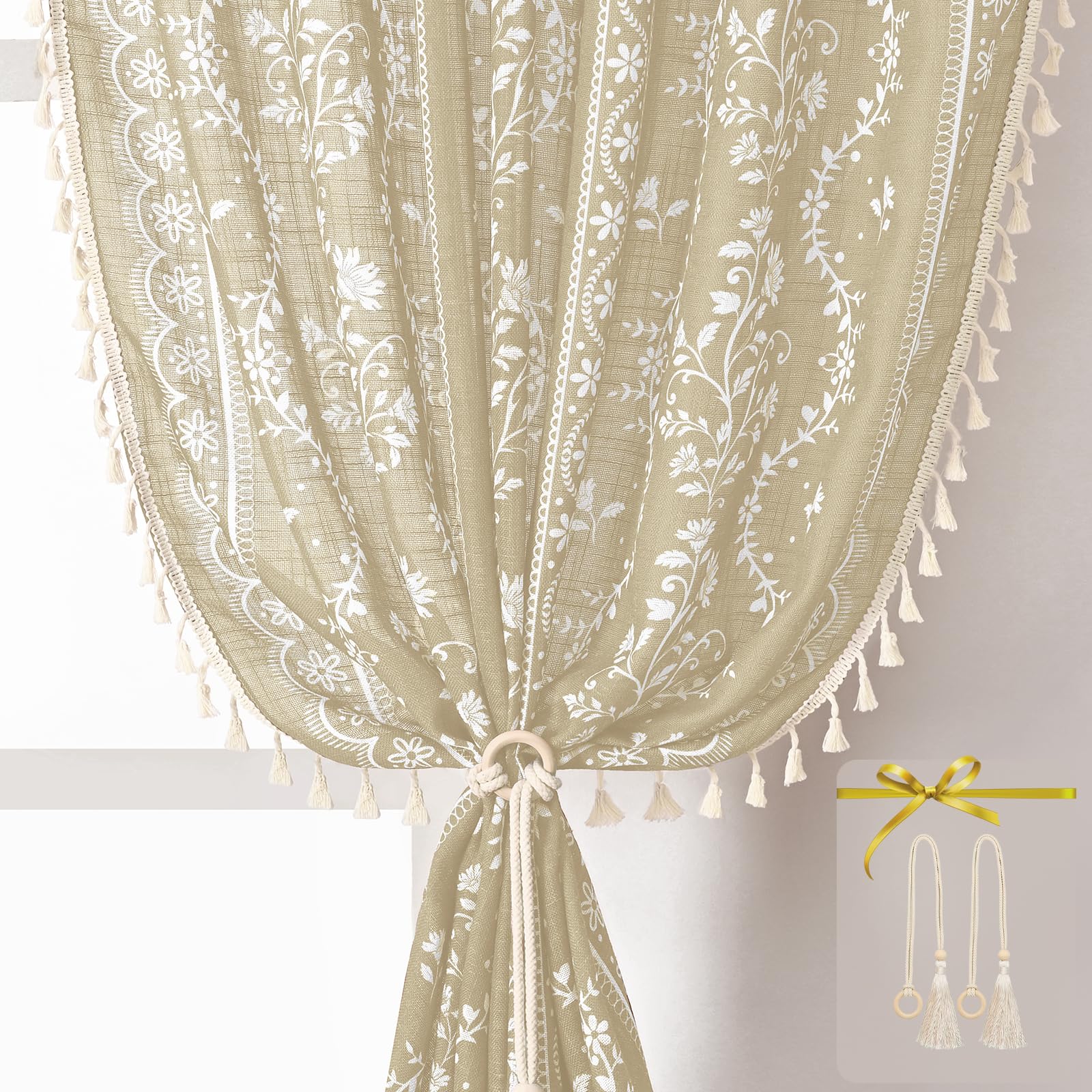 Yinhua Boho Curtains for Living Room 63 Inch Length Vintage Linen Natural Curtains for Bedroom Light Filtering Floral Window Curtain Rod Pocket &amp; Back Tabs Farmhouse Rustic Tassel Drapes with Tiebacks