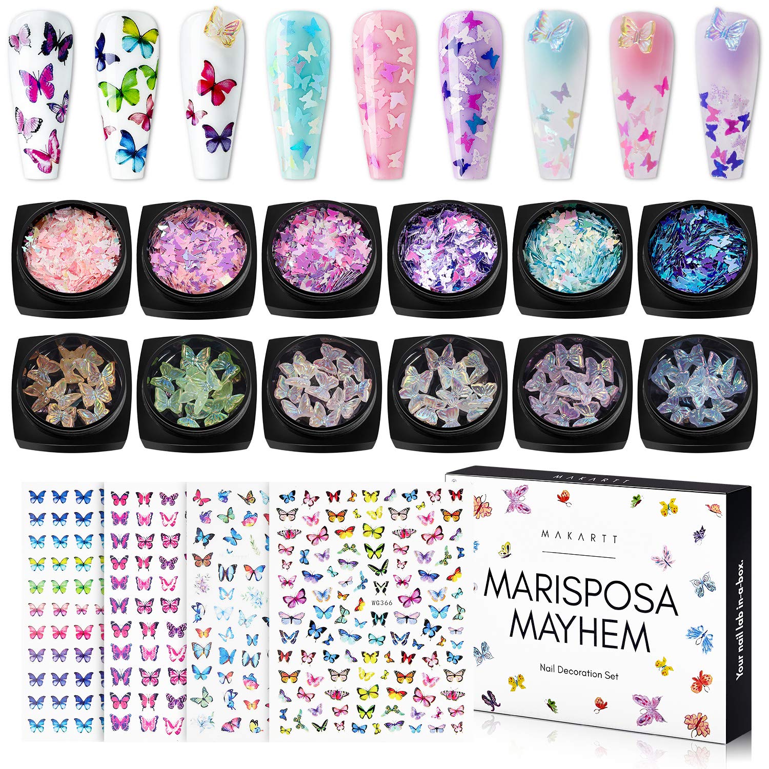 Makartt Nail Decoration Set, Mariposa Mayhem Collection 12 Boxes Butterfly Sequins Nail Glitters with 4 Sheets 3D Butterfly Nail Prints Stickers for Nails Art Design DIY Nail Accessories Kit