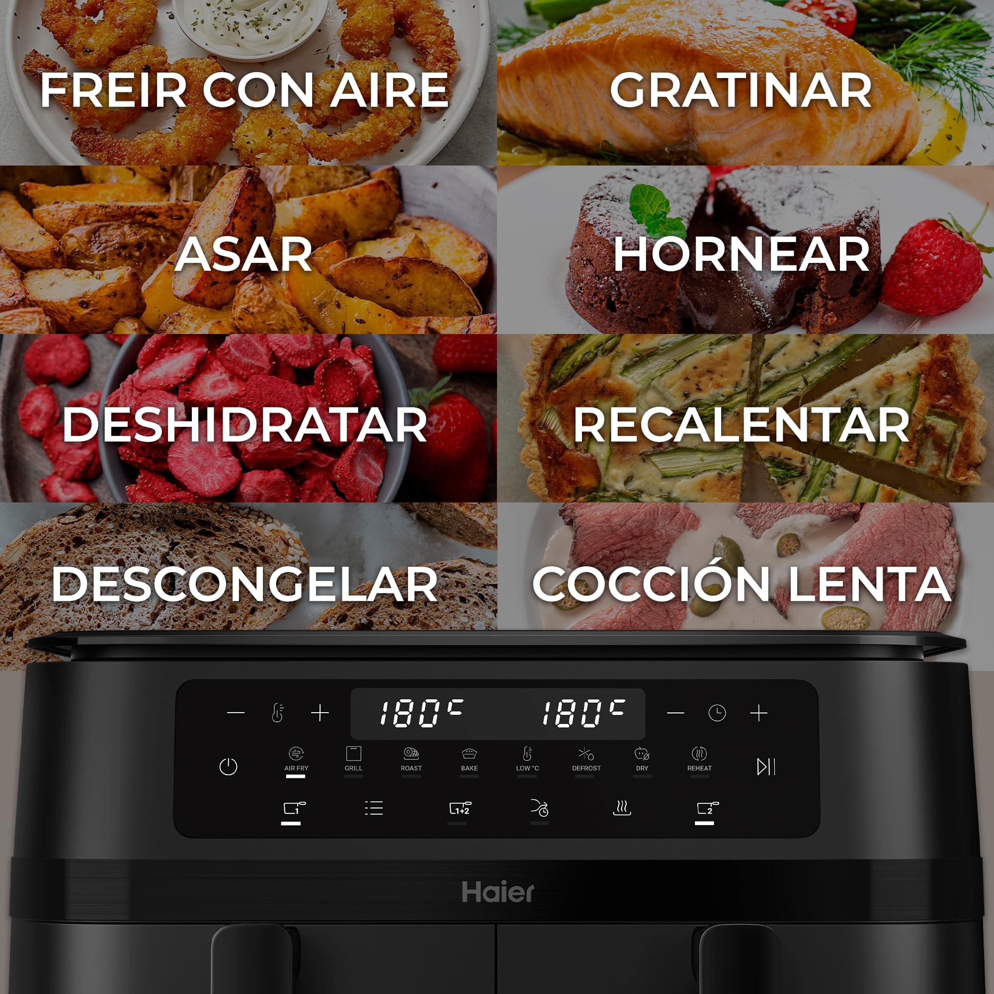 Haier Frytkownica na gorące powietrze, 2 komory, 11 l, Airfryer, 8 w 1: smażenie, grillowanie, pieczenie, suszenie, podgrzewanie, rozmrażanie, powolne gotowanie, funkcja synchronizacji, powłoka