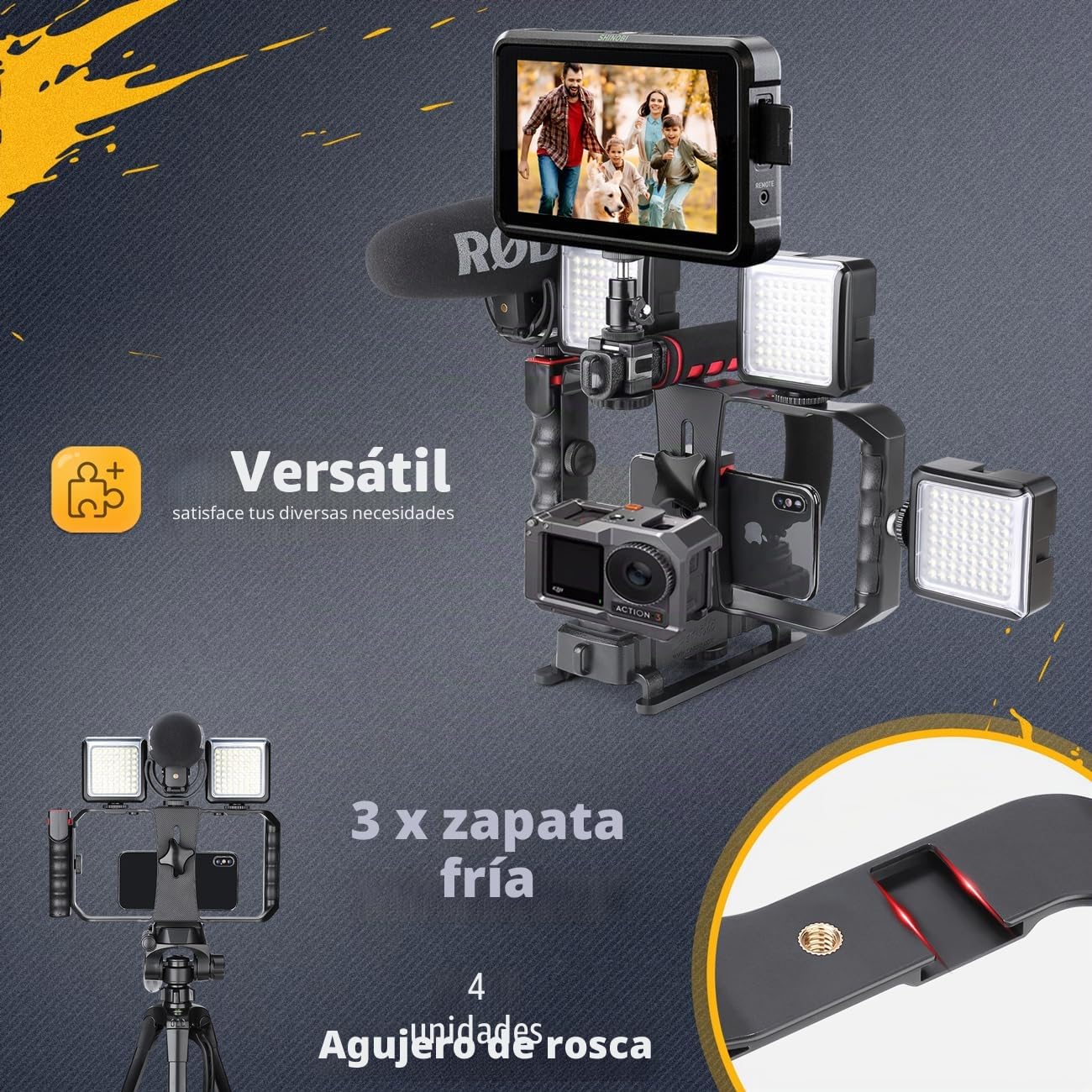 Zeadio Estabilizador portátil de vídeo para cámara de acción con Soporte de vídeo para Smartphone para Todas Las cámaras de acción, cámaras de Video y teléfonos Inteligentes