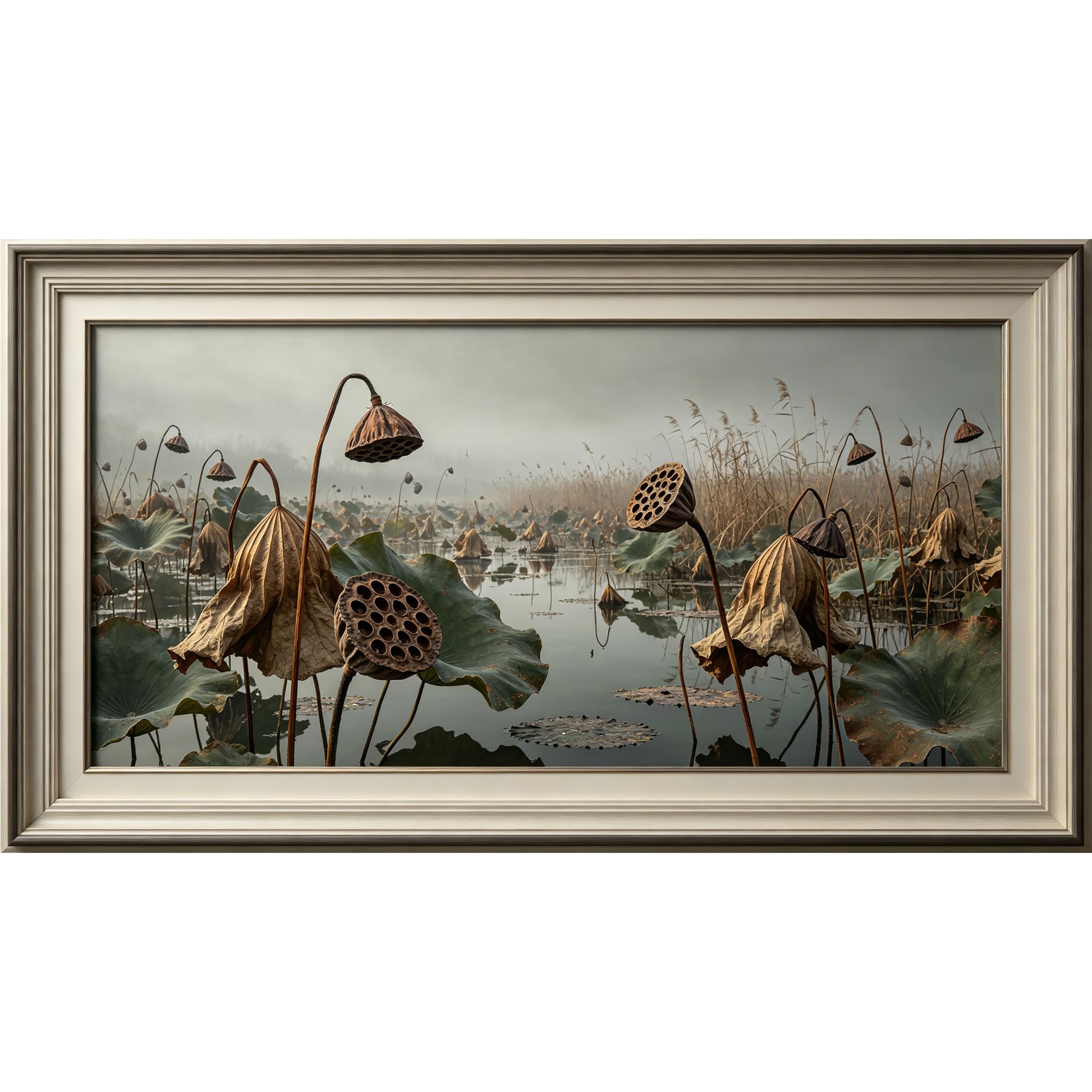 QZLITHOTIC 50×90cm3D Framed Wall Art， Withered Lotus Pond Landscape Minimalist Self?Adhesive Mural， Water?Activated Peel & Stick Fabric Decor Wall Decal for Bedroom Living Room