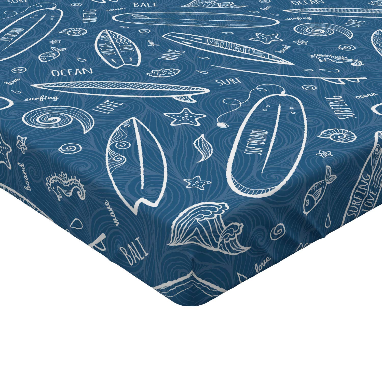 Ambesonne Surfboard Fitted Sheet, Blue Waters Oceanic Elements Waves Swirls Doodle White Outlines Hobby Fun Times, Bed Cover with All-Round Elastic Deep Pocket for Comfort, Twin XL Size, Blue White