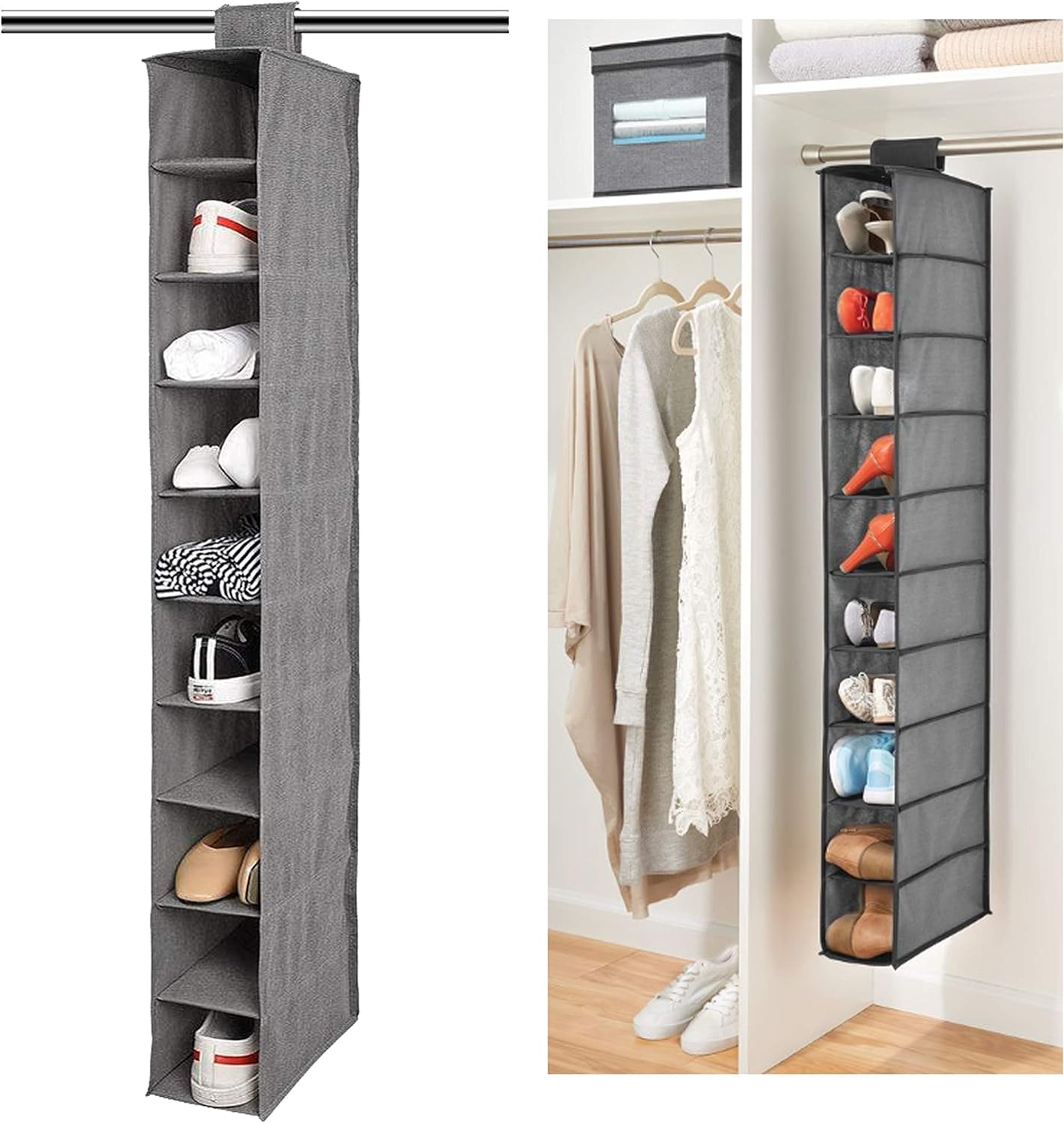 10 Shelf Hanging Shoe Organizer, Shoe Holder for Closet -Breathable Fabric Closet Shoe Organizer Hanging Shoe Storage Hanging Shoes Sorter Shelves Rack for Shoes,Closet and Baby things,1 Pack,Grey