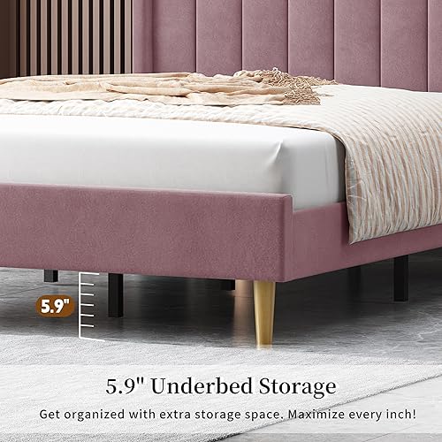 Miniatura 6 de Base de cama tapizada con cabecero y listones de madera fuertes, no necesita somier, pie de madera silencioso fácil de montar (rosa, Queen)