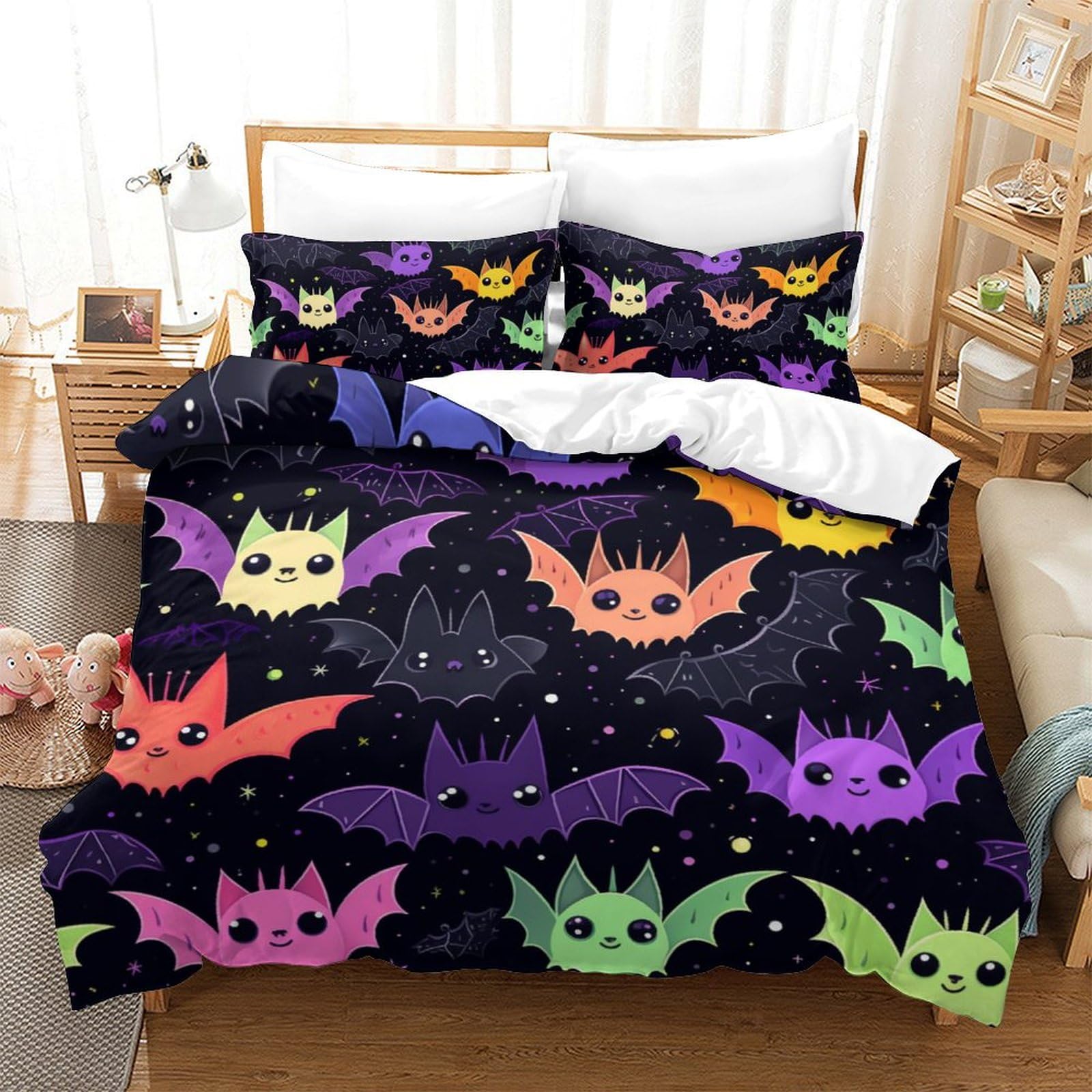 Housse de couette chauve-souris 3D 200x200 cm avec 2 taies d'oreiller en microfibre pour lit enfant