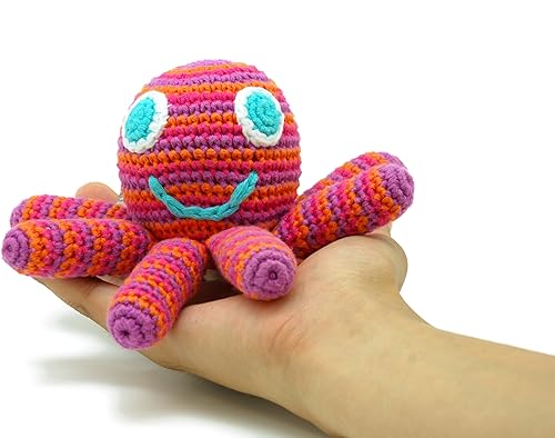 Miniatura 9 de Pebble Sonajero de bebé de pulpo hecho a mano, rosa brillante, océano, playa, costero, juguete de ganchillo para bebé, comercio justo, lavable a