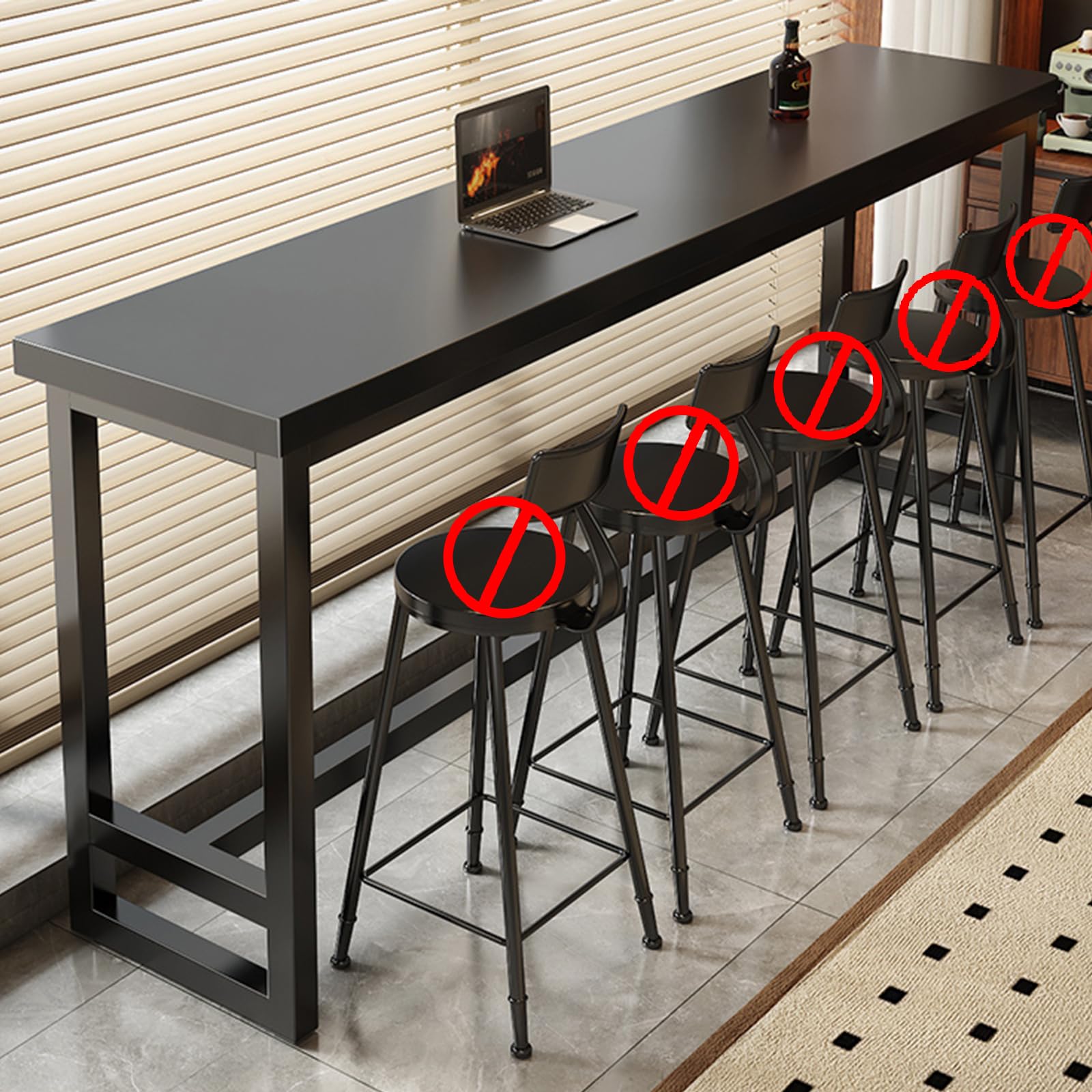 Table de salle à manger moderne haute pour cuisine ou café 160 x 39,9 cm avec comptoir de pub en métal et table étroite pour bar à la maison et Reurant Noir H