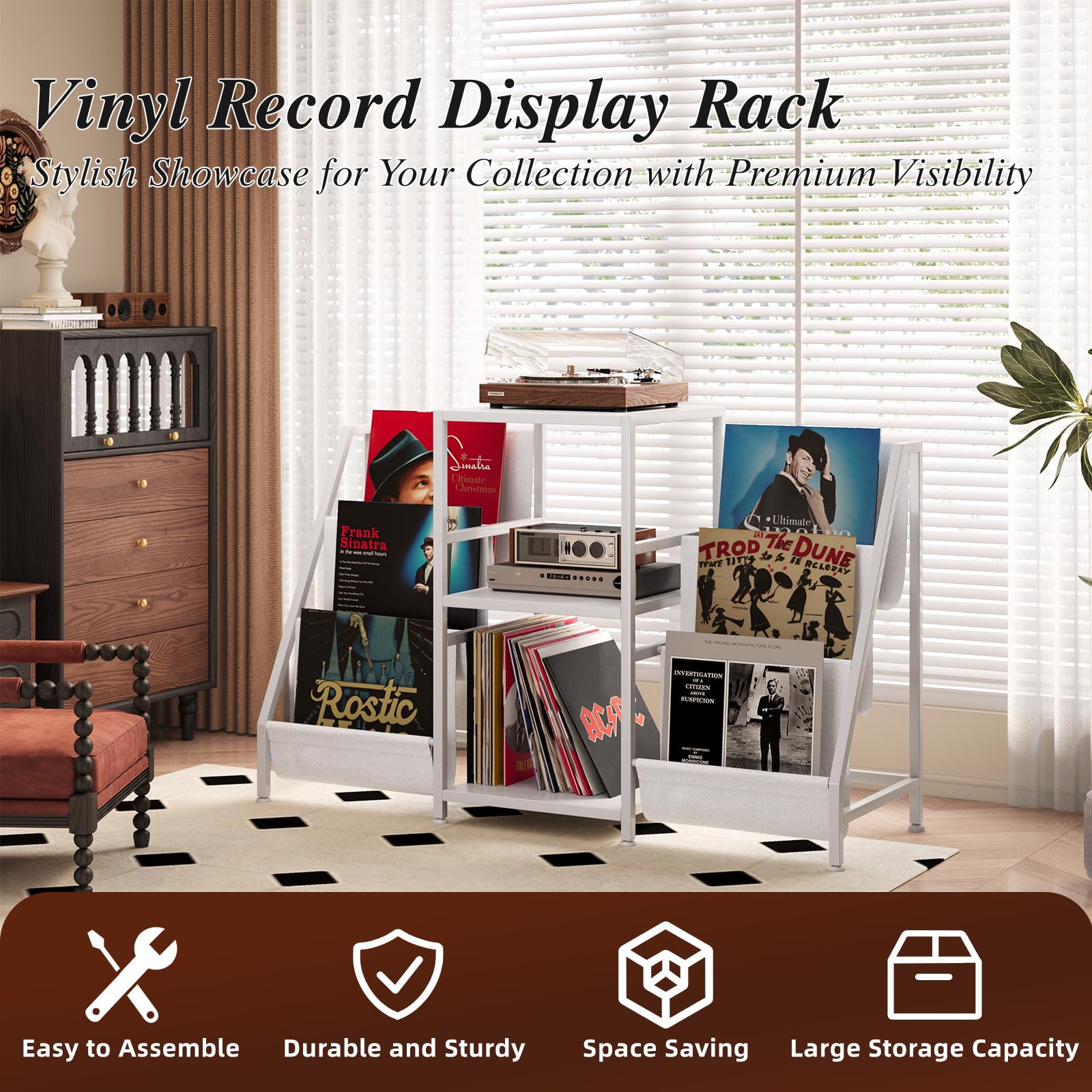 Soporte para tocadiscos blanco con 3 niveles, almacenamiento de vinilo para hasta 280 LPs, moderno soporte para discos de vinilo y mesa auxiliar para tocadiscos, diseño minimalista, estantería para