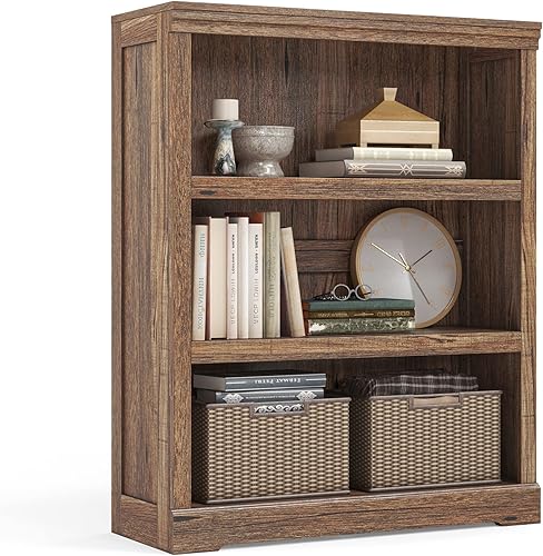 Miniatura 1 de LINSY HOME Estantería de 3 niveles con estantes de almacenamiento para oficina en casa, sala de estar, dormitorio, color marrón oscuro