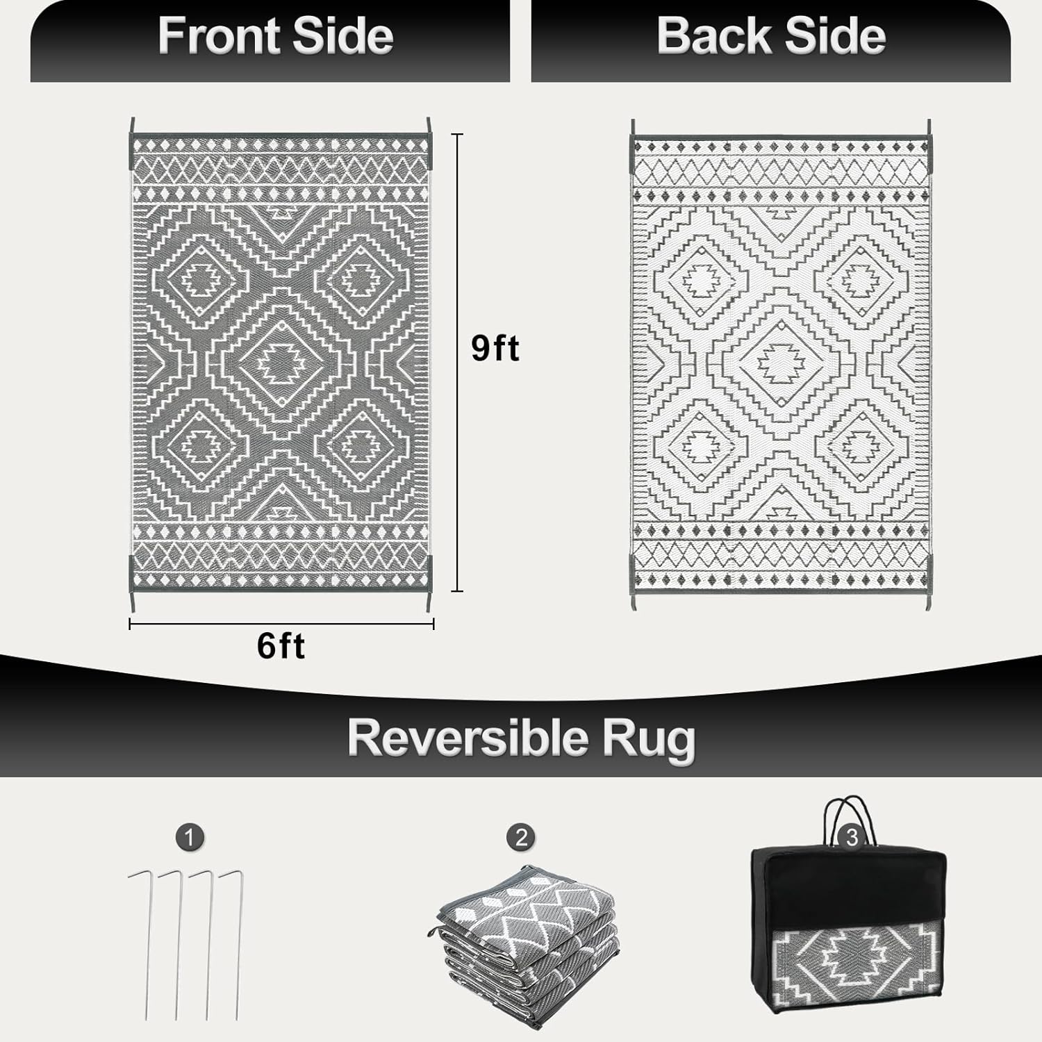 Wonnitar Outdoor Rug 6x9, Waterproof Patios Rug Reversible Plastic Straw Rug, Large Outside Area Rug, Portable Camper RV Mat, Indoor Outdoor Carpet for Picnic Balcony Backyard Porch Deck, Grey