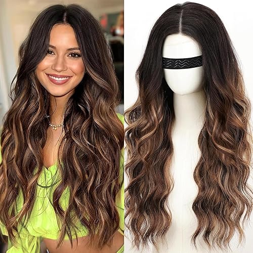 Nnzes Long Brown Highlight Wavy Wig 4x1 Lace Natural Hairline Middle Part Curly Heat-Resistant Synthetic Fiber for Women & Beginners Daily Party Use 26In