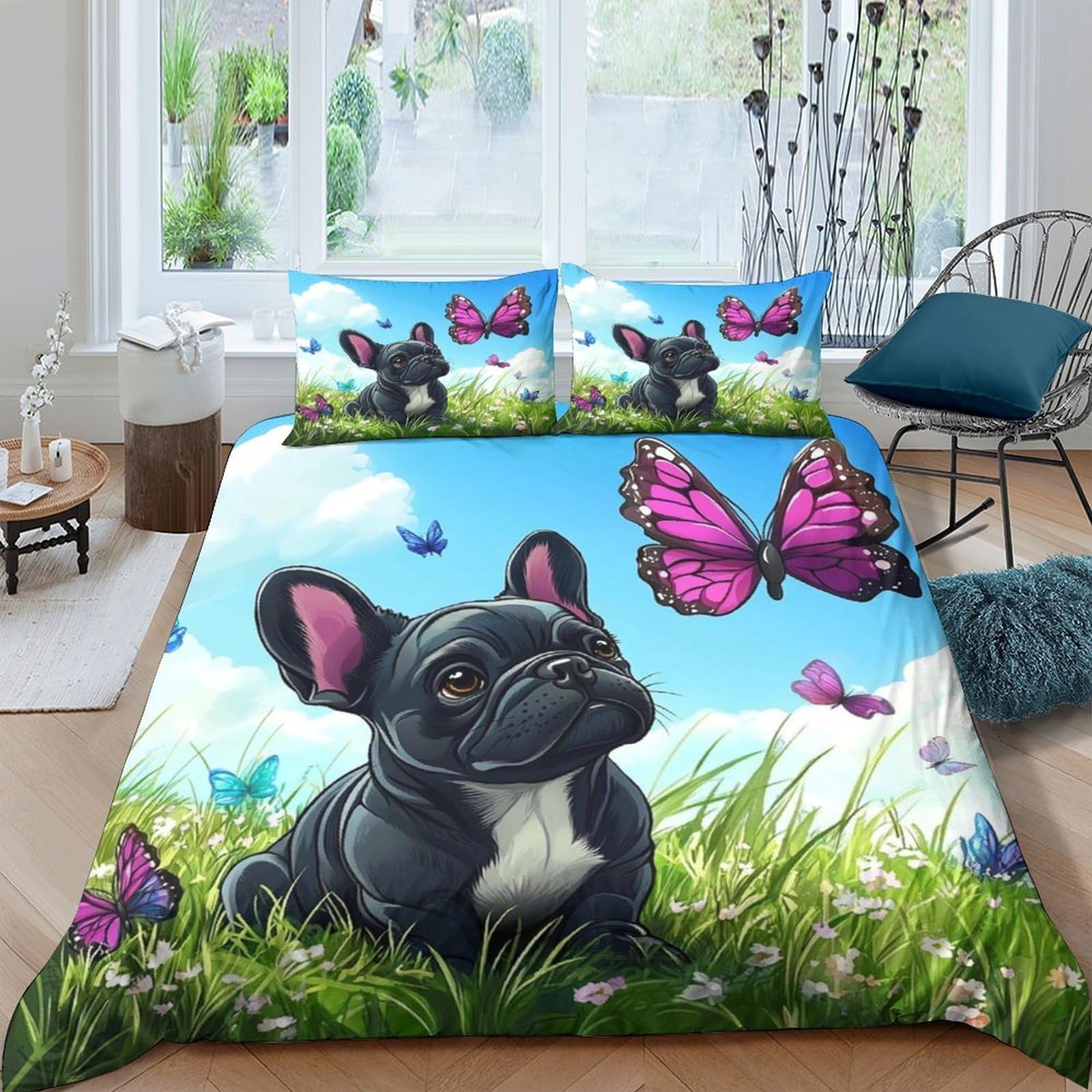Ctjqhvkz Style-6 3D Printed French Bulldog Fitted Sheet Microfiber Blue Butterfly Mattress Cover For Bedroom Guest Room Decor Single（135X200cm）