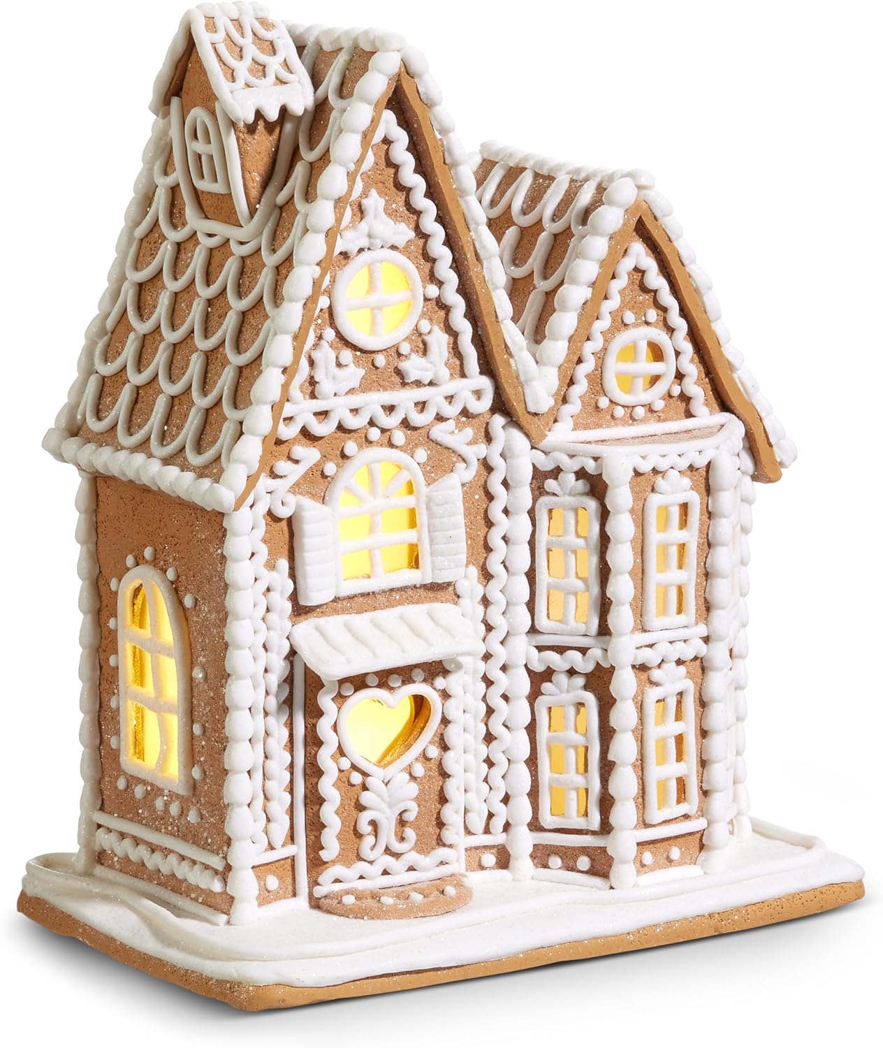 One Holiday Way 12-Inch Lighted Brown & White Gingerbread House - Decorative Elegant Light Up Faux Candy Christmas Village House Tabletop Decoration w/Timer Xmas Home Decor