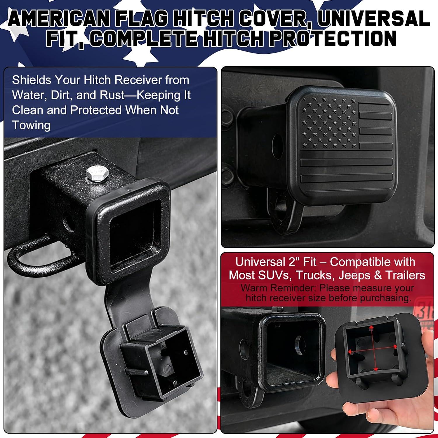 2" Trailer Hitch Cover with Black American Flag, 3D Metal USA Flag Decals 2PCS (5"x3") & 4 Tire Valve Stem Caps, Patriotic Accessories for Trucks, SUVs