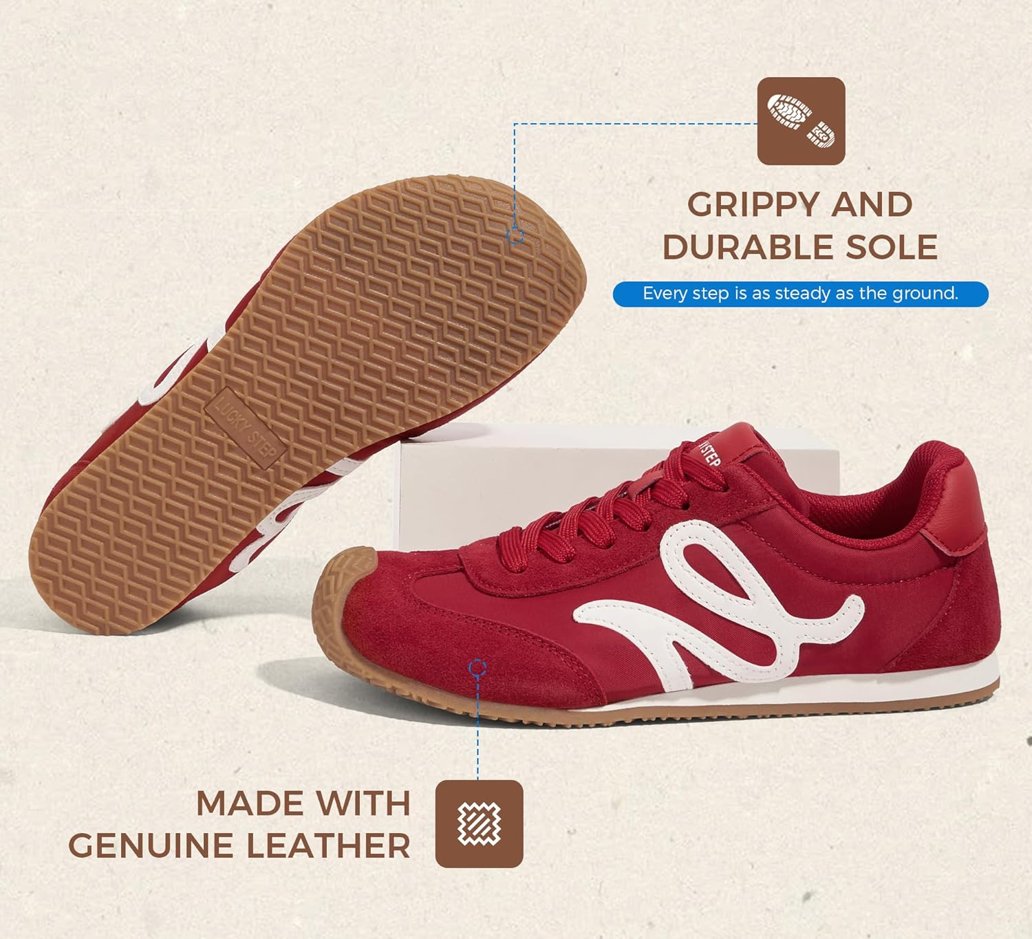 LUCKY STEP Women's Retro Tennis Fashion Sneakers Classic Casual Thin Sole Cute Comfortable Genuine Leather Trainer Ligheweight Trendy Walking Shoes - Image 8