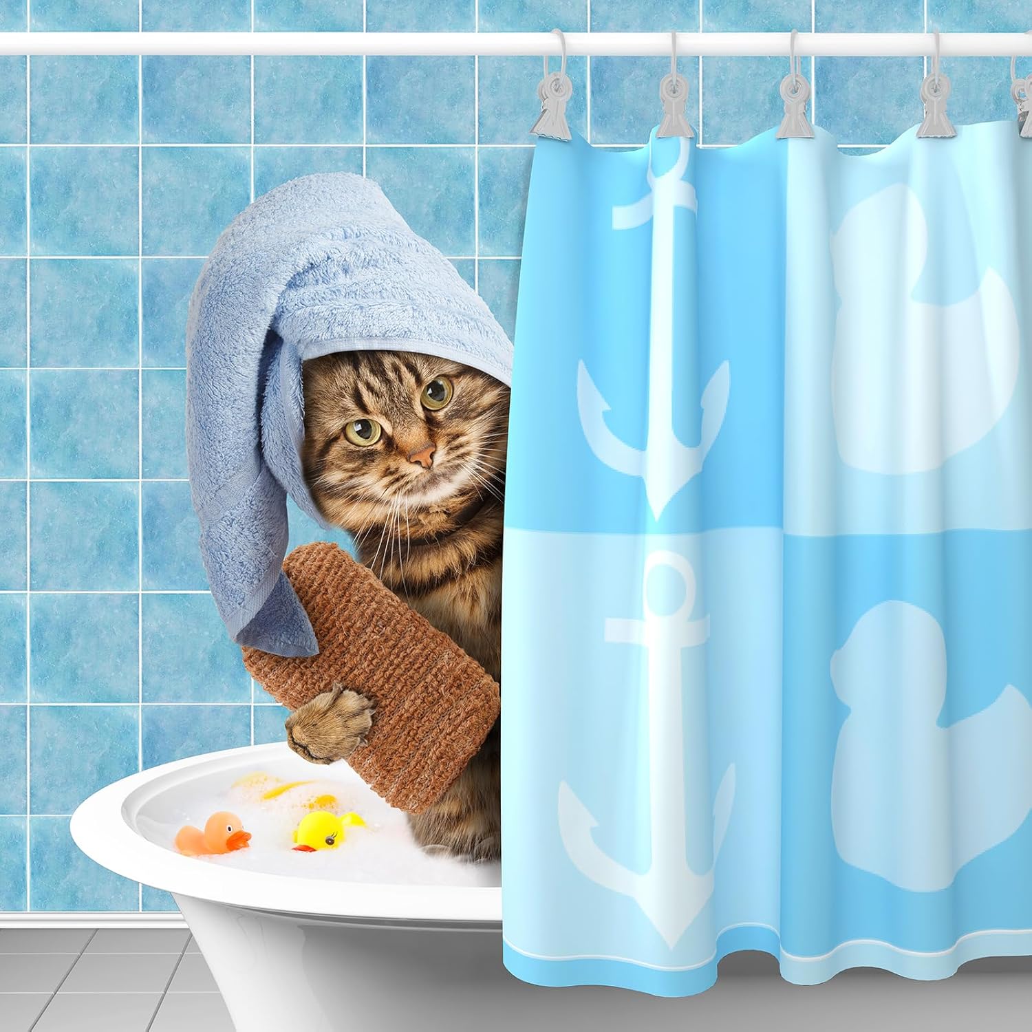 Funny Cat Shower Curtains for Bathroom Bathing Cat Cute