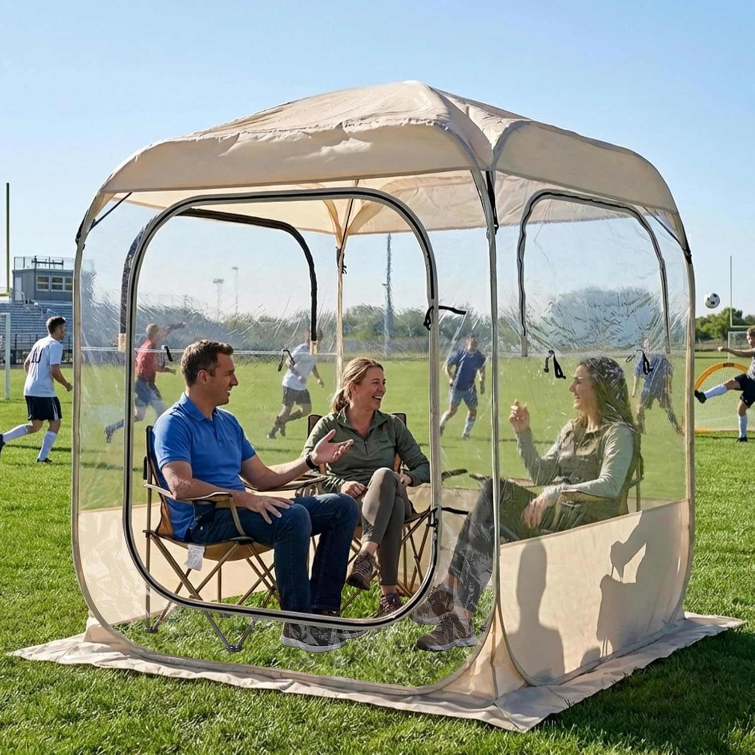 DIAMONDFORGE Pop Up Sports Tent, 2-3 Person Portable Waterproof Clear Tent with Removable Top Cover, Instant Setup Spacious BubbleTent for Outside, Patio, Backyard and Outdoor Activities, Beige