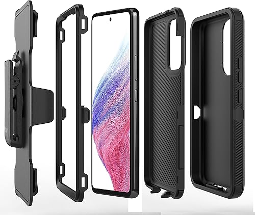 Miniatura 3 de Funda diseñada para Samsung Galaxy A53 5G con protector de pantalla integrado, resistente a prueba de golpes y clip giratorio para cinturón (negro)