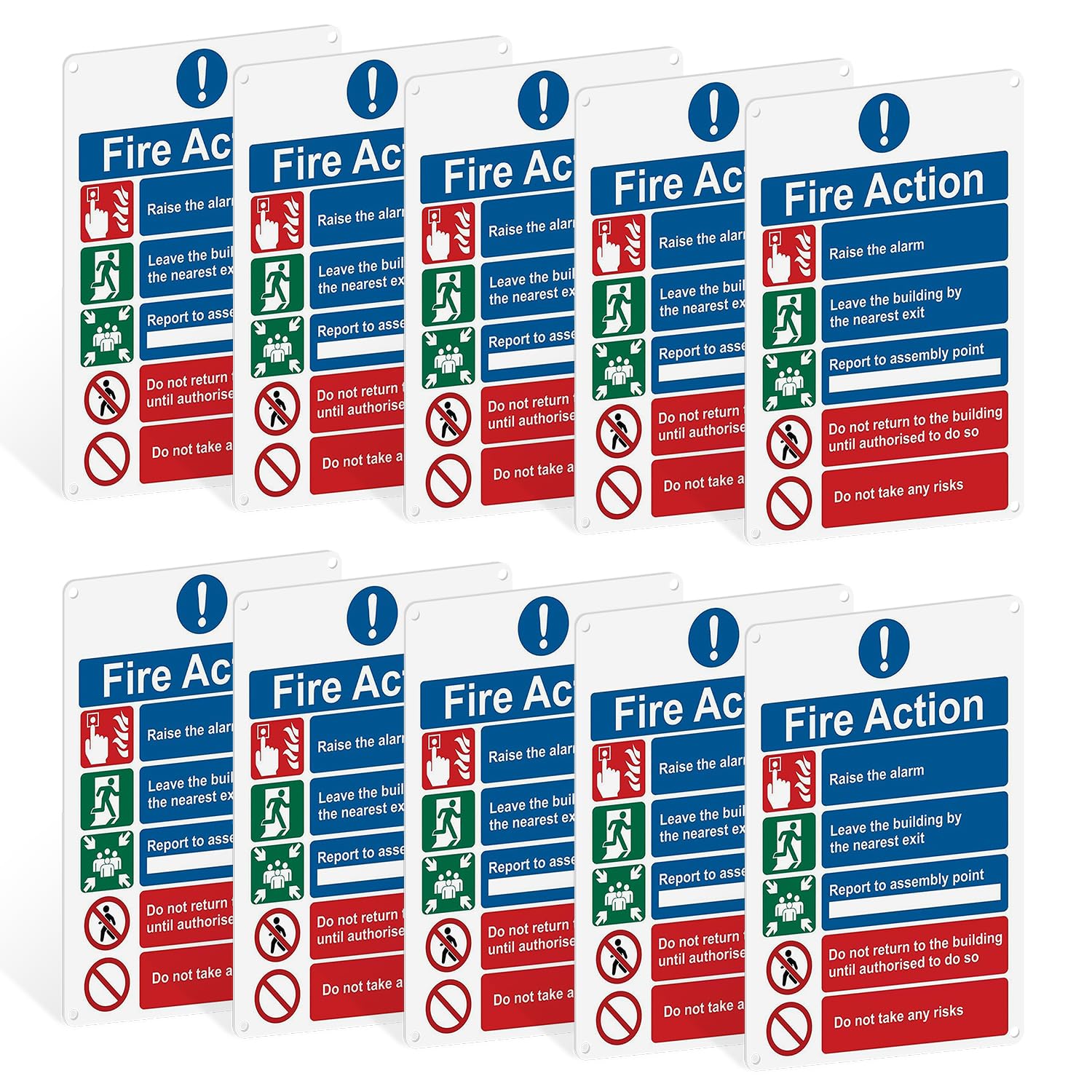 Lot de 3/5/10 panneaux en plastique rigide de 20 x 30 cm - Panneau de sortie de secours autocollant et trous pré-percés - Panneau d'évacuation de sécurité en plastique de 1 mm d'épaisseur (10)