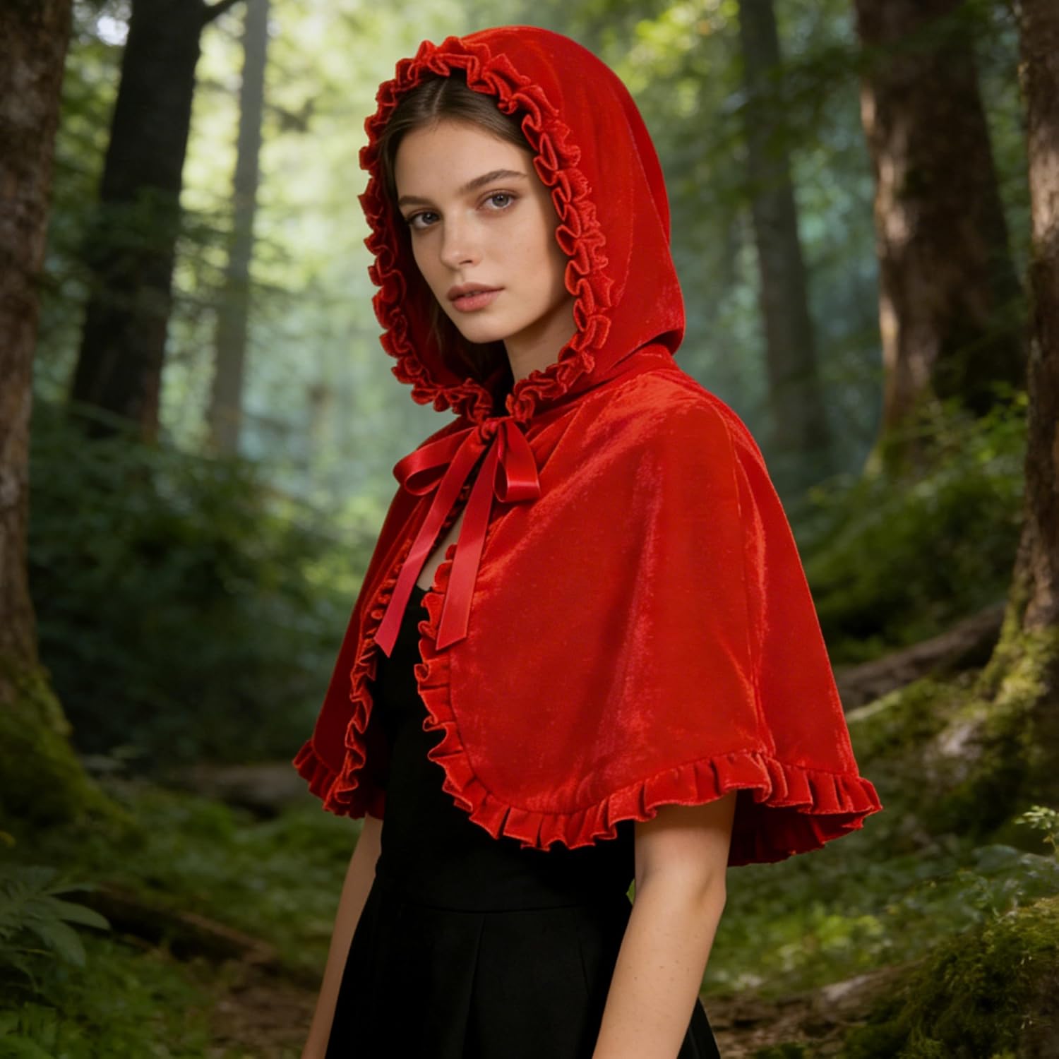Little Red Riding Hood Cape Women,Short Red Velvet Hood Cape,Halloween Christmas Cloak Costume