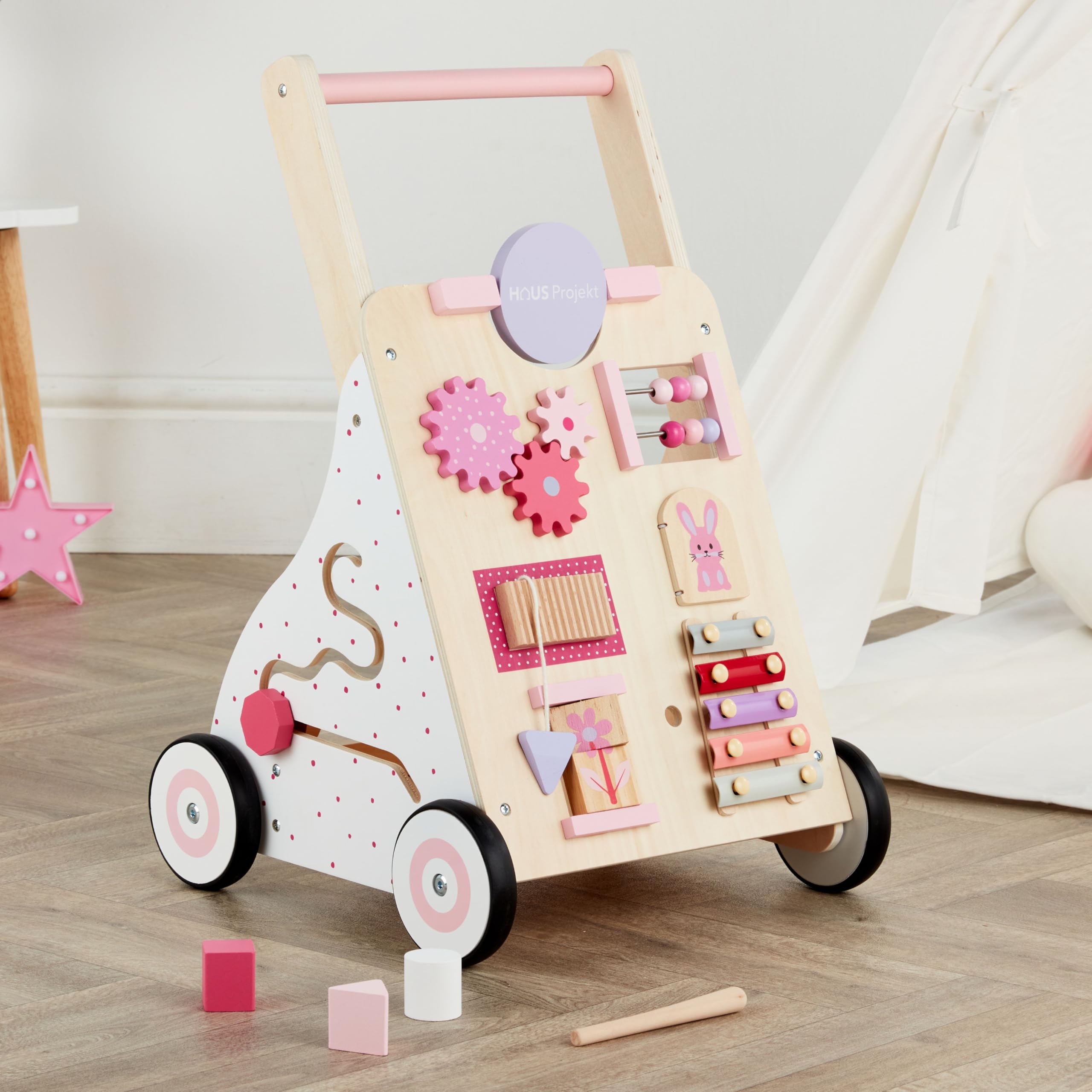 Haus Projekt Carrello Primi Passi Rosa, Girello Bambina di Legno Rosa, Carrellino Primi Passi Legno, Giocattoli per Bambini 1 anno, Regali di Primo Compleanno per Bambini, Regalo di Pasqua
