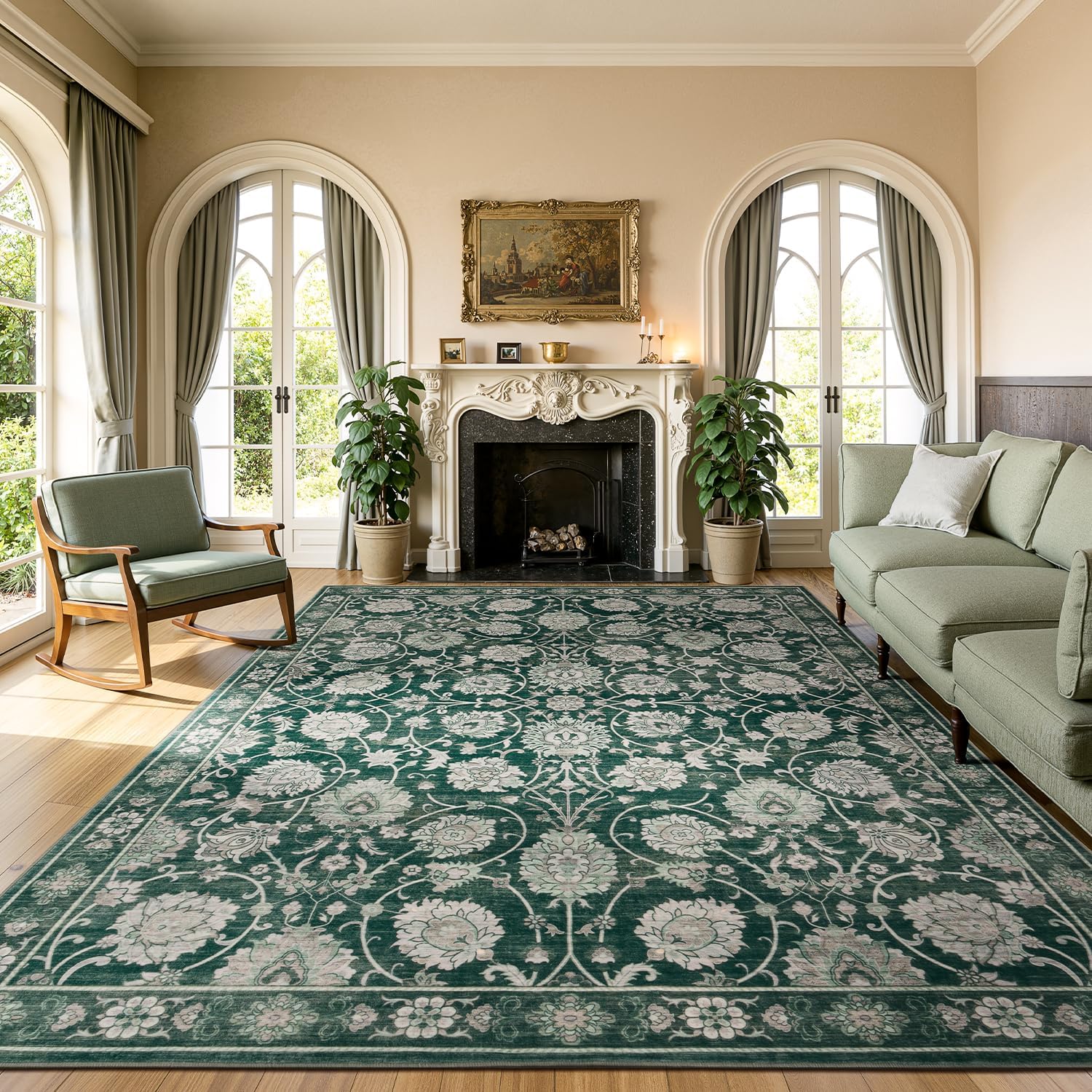 Floral 8x10 Area Rugs for Living Room, Washable Large Bedroom Rug, Soft Non Slip Carpet, Stain Resistant Low Pile Carpets for Indoor Under Table Dining Home Office Nursery, Dark Green