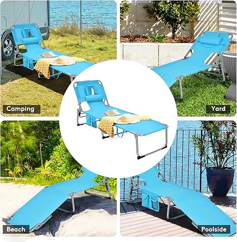 Miniatura 7 de Byroce - Tumbona plegable, sillón reclinable para patio y césped con respaldo ajustable de 5 posiciones, orificios para los brazos faciales,