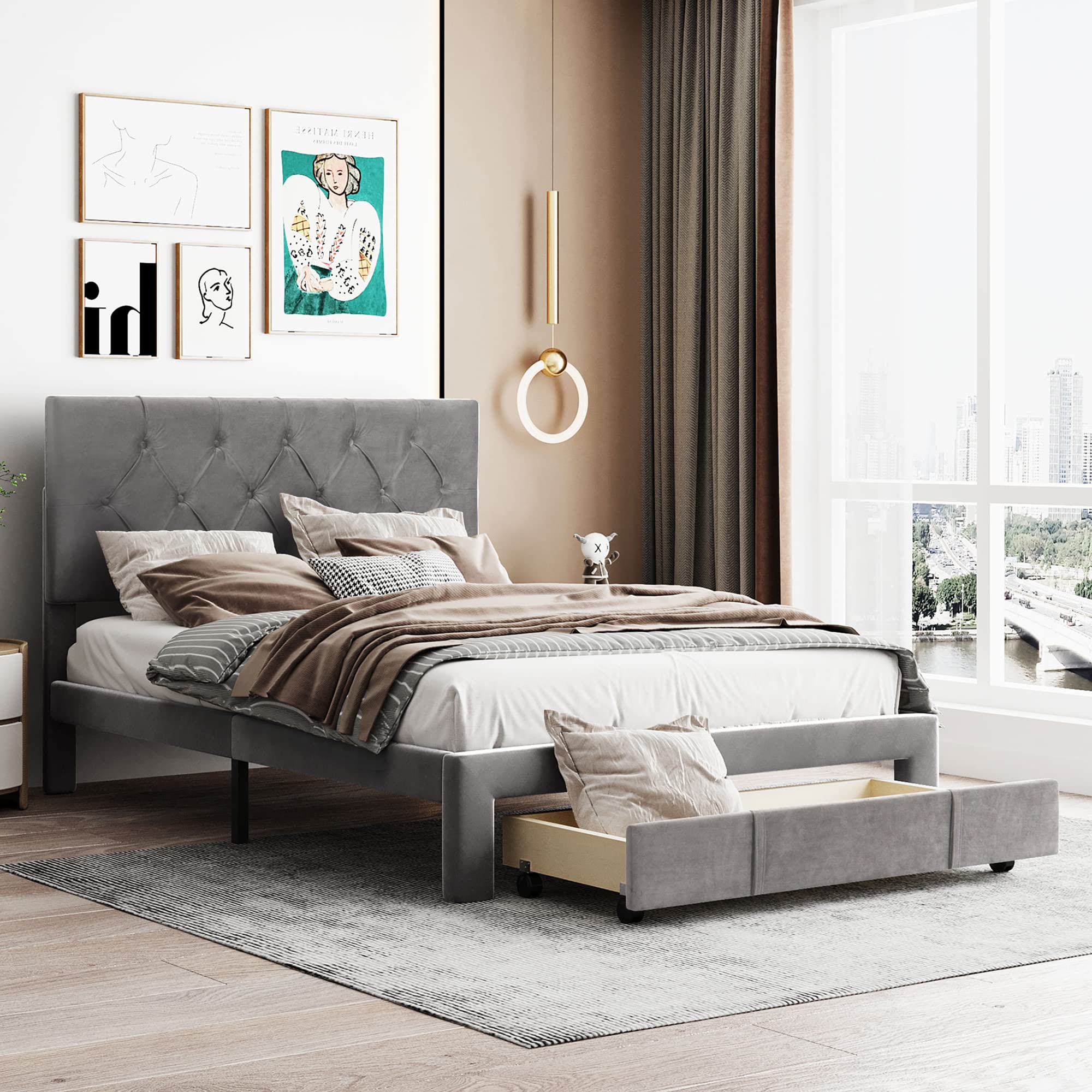 キングサイズベッドフレーム 収納引き出し2個付き 布張りキングベッド