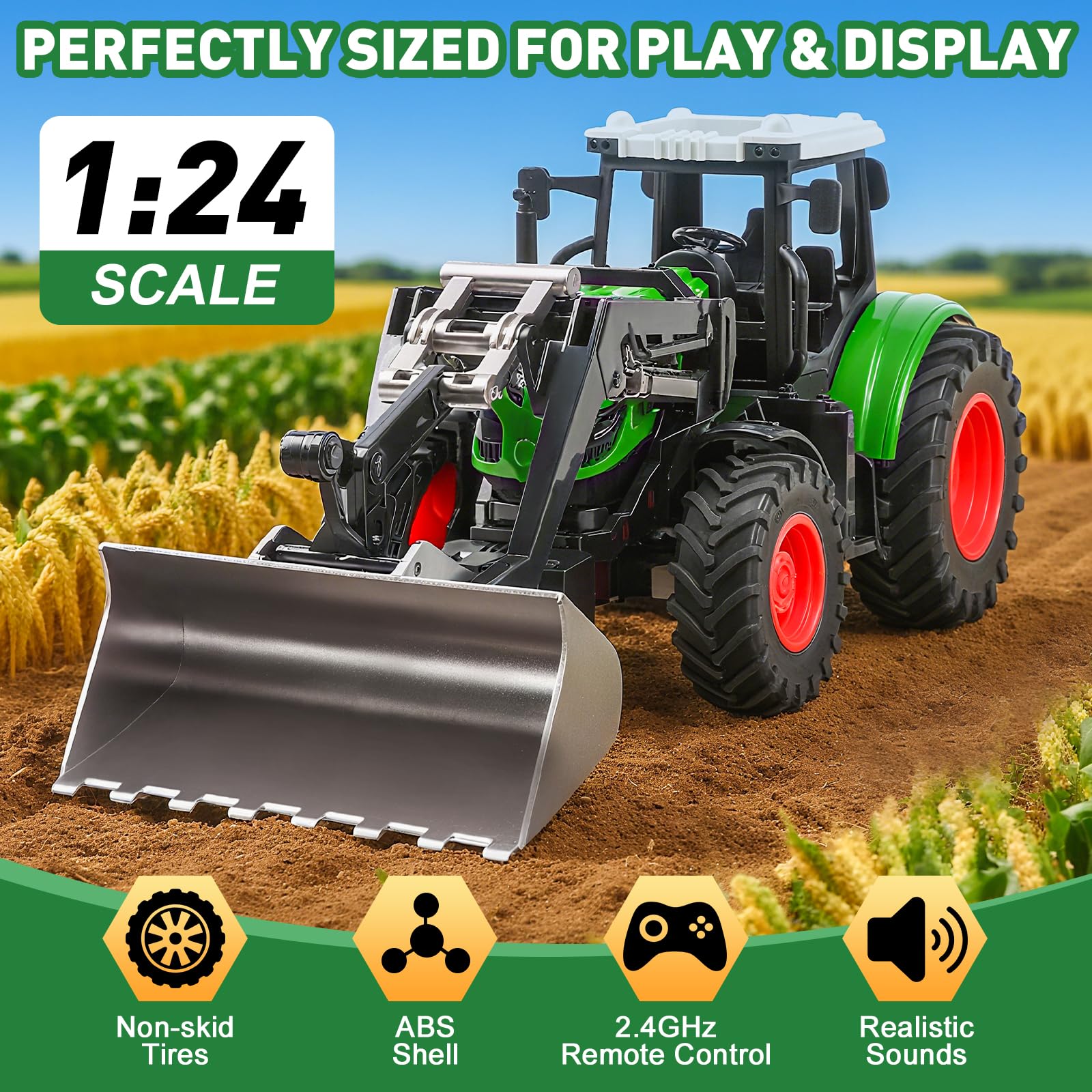 Ferngesteuerter Spielzeugtraktor für Kinder von 3 bis 5 Jahren, ferngesteuerter Traktor-LKW im Maßstab 1/24 mit Licht und Sound, Landwirtschaftsfahrzeug für Kleinkinder, Mädchen von 3, 4