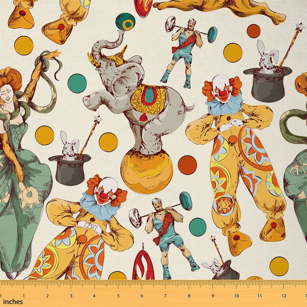 Circus Fabric by The Yard Vintage Magical Clown Elephant Show Theme Upholstery Fabric for Chairs and Home DIY Projects Colorful Dots Rabbit Pattern Waterproof Fabric 3 Yards (L276*W150cm)