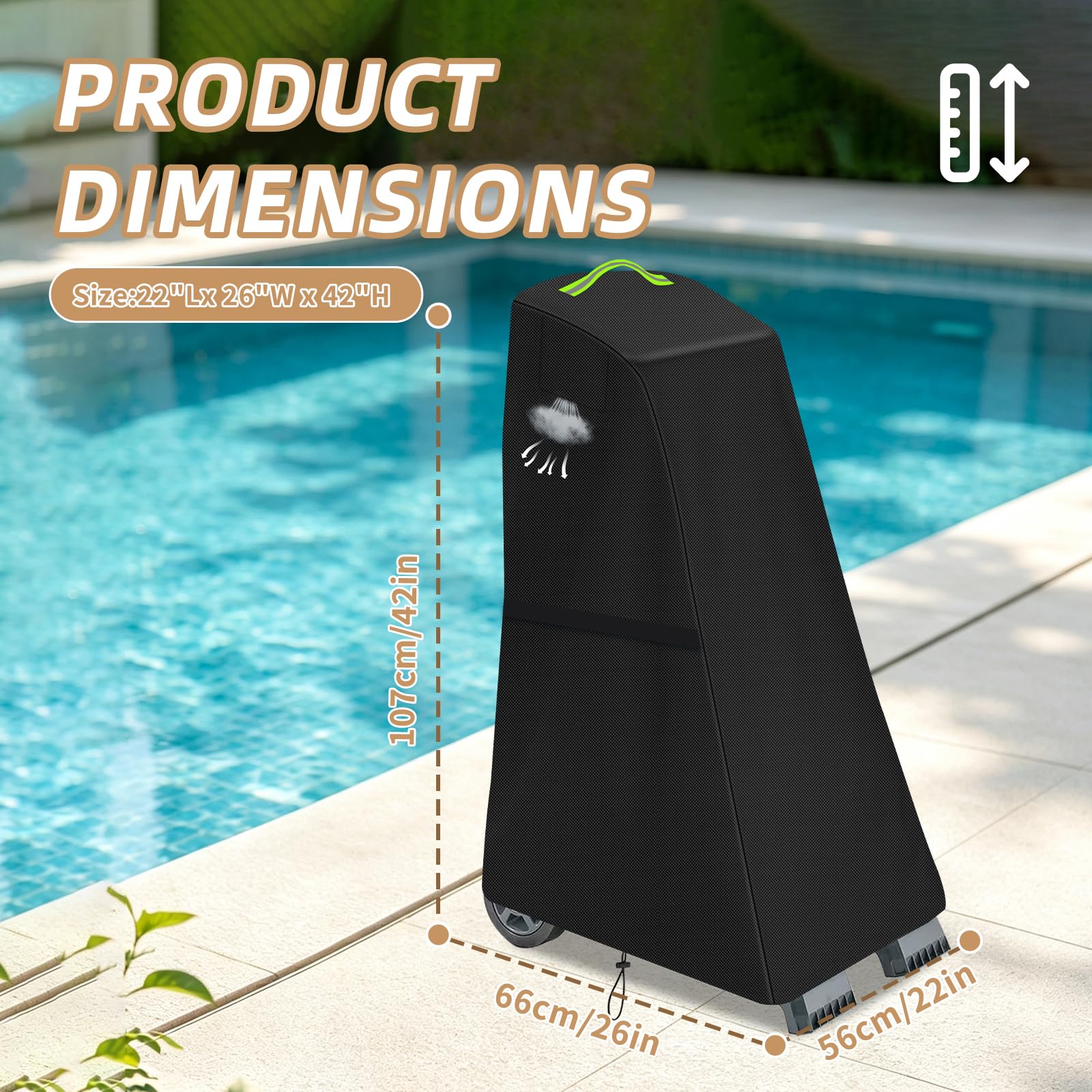 Funda Limpiafondos Piscina, 600D Oxford Cubierta para Robot de Piscina, Impermeable, Resistente a los Rayos UV, protección contra Todo el Tiempo, 56x66x107cm-Negro