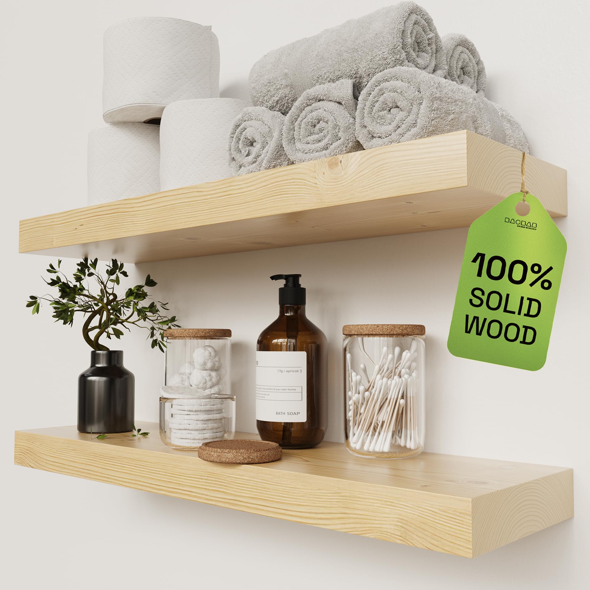 BAOBAB WORKSHOP Wood Floating Shelves for Bathroom Wall - Rustic Shelf 24 inch - Floating Wooden Shelves for Bedroom Kitchen Living Room - Natural Wood Shelves, 24W x 6.7D, Set of 2