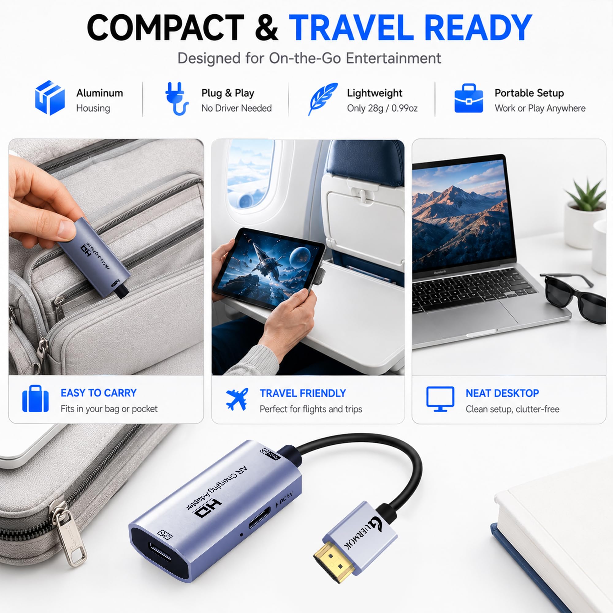 Guermok AR Glasses HDMI to USB-C Display Adapter, 4.9ft 4K@60Hz Play and Charge AR Converter with DC 5V, for XREAL One/Air 2 Pro/RayNeo/Rokid, Switch 2/1, Xbox1, PS4/5, Portable Monitors, Silver