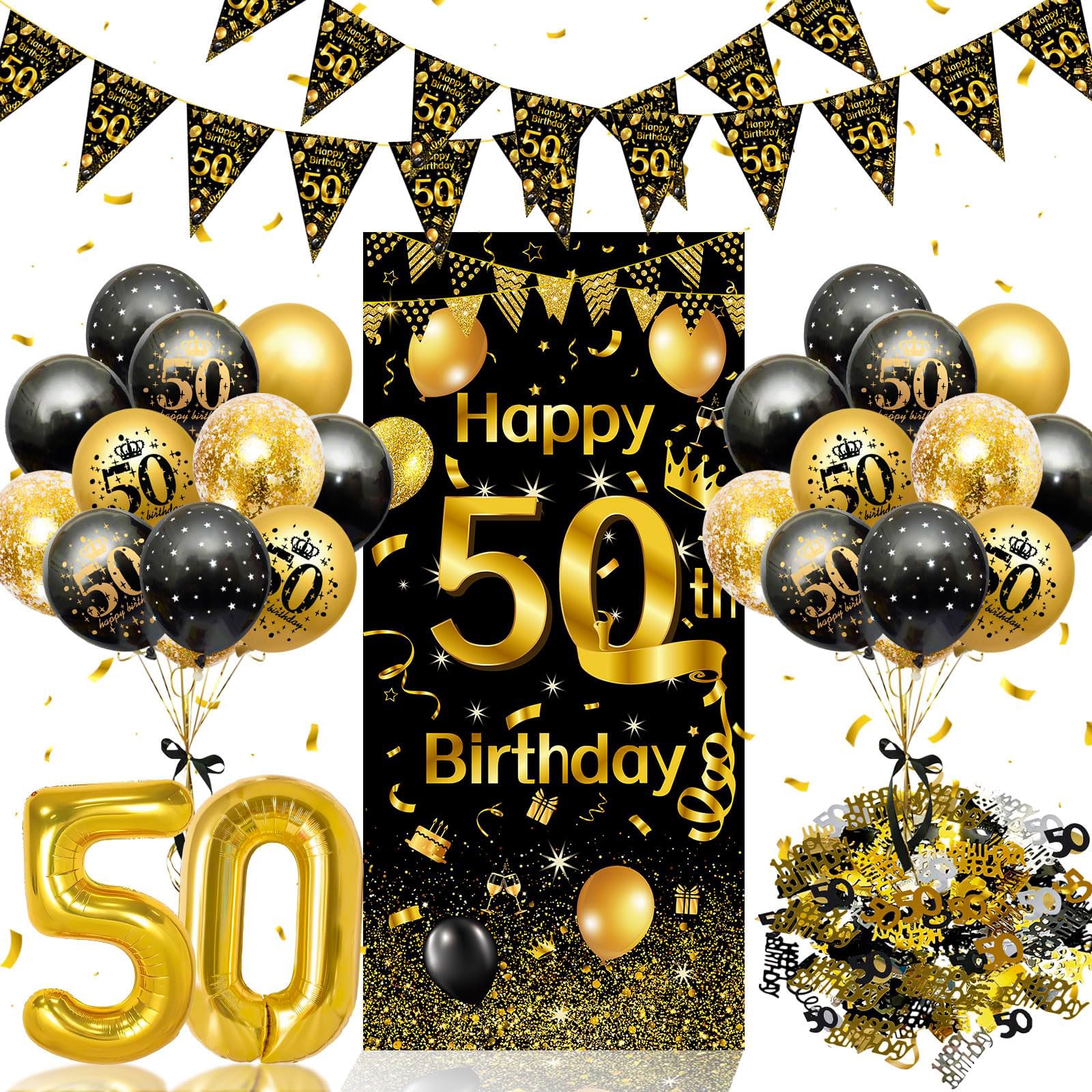 50 Geburtstag Deko,Rainllon 50. Geburtstag Männer Frauen,Konfetti Deko 50. Geburtstags Dekos Luftballons Schwarz Gold,Geburtstagsdeko 50 Jahre Lange Banner Hintergrund,50 Geburtstags Mann