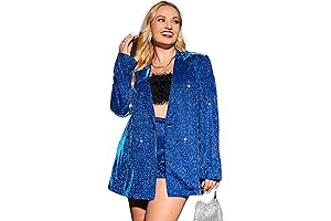 Women's Plus Size Lapel Collar Sequined Button Front Long Sleeve Blazer Jacket