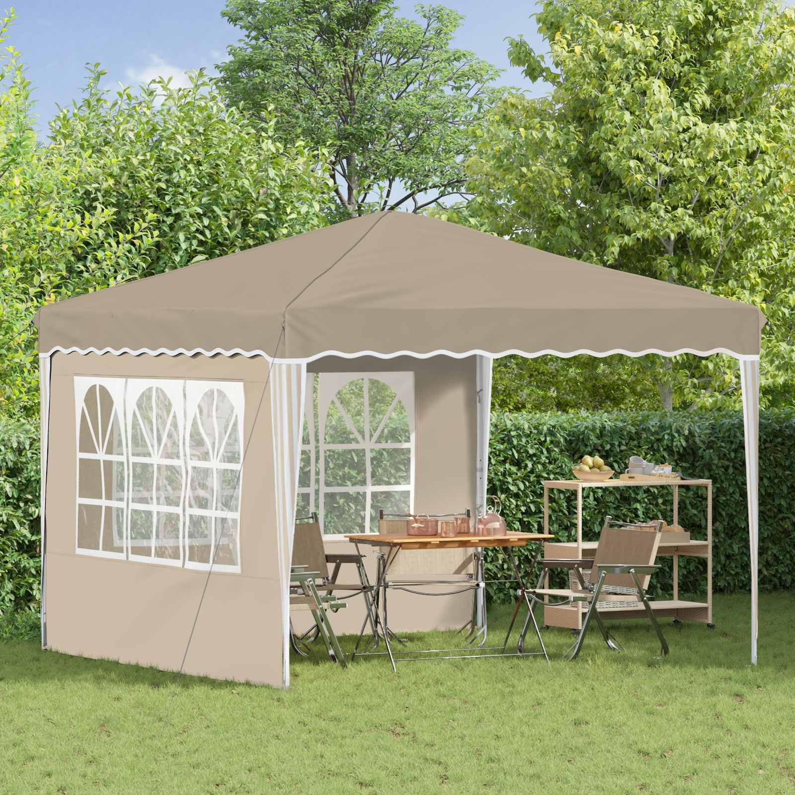 Namiot imprezowy Pop-up 288 x 288 x 245 cm, kremowy materiał Oxford, namiot ogrodowy, odporny na działanie warunków atmosferycznych, z ochroną przed promieniowaniem UV, częściami bocznymi