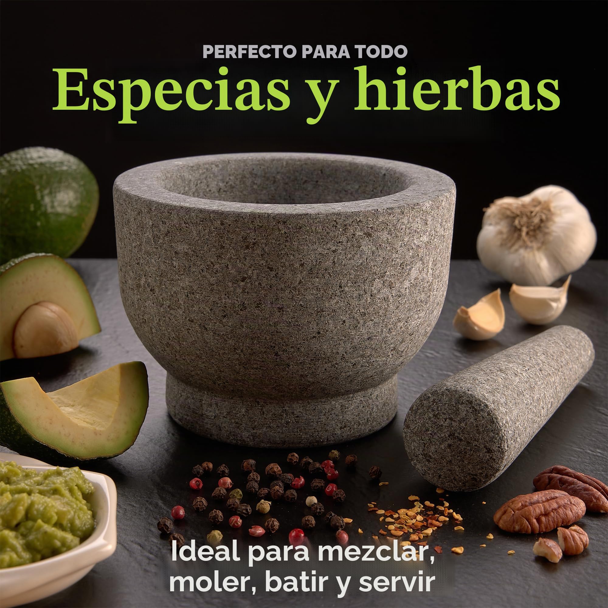 Mortero y mortero de granito de 6 pulgadas, molcajete de granito sin pulir con capacidad para 2 tazas con tapa de silicona, molinillo y triturador para mezclar, mezclar, moler, servir,